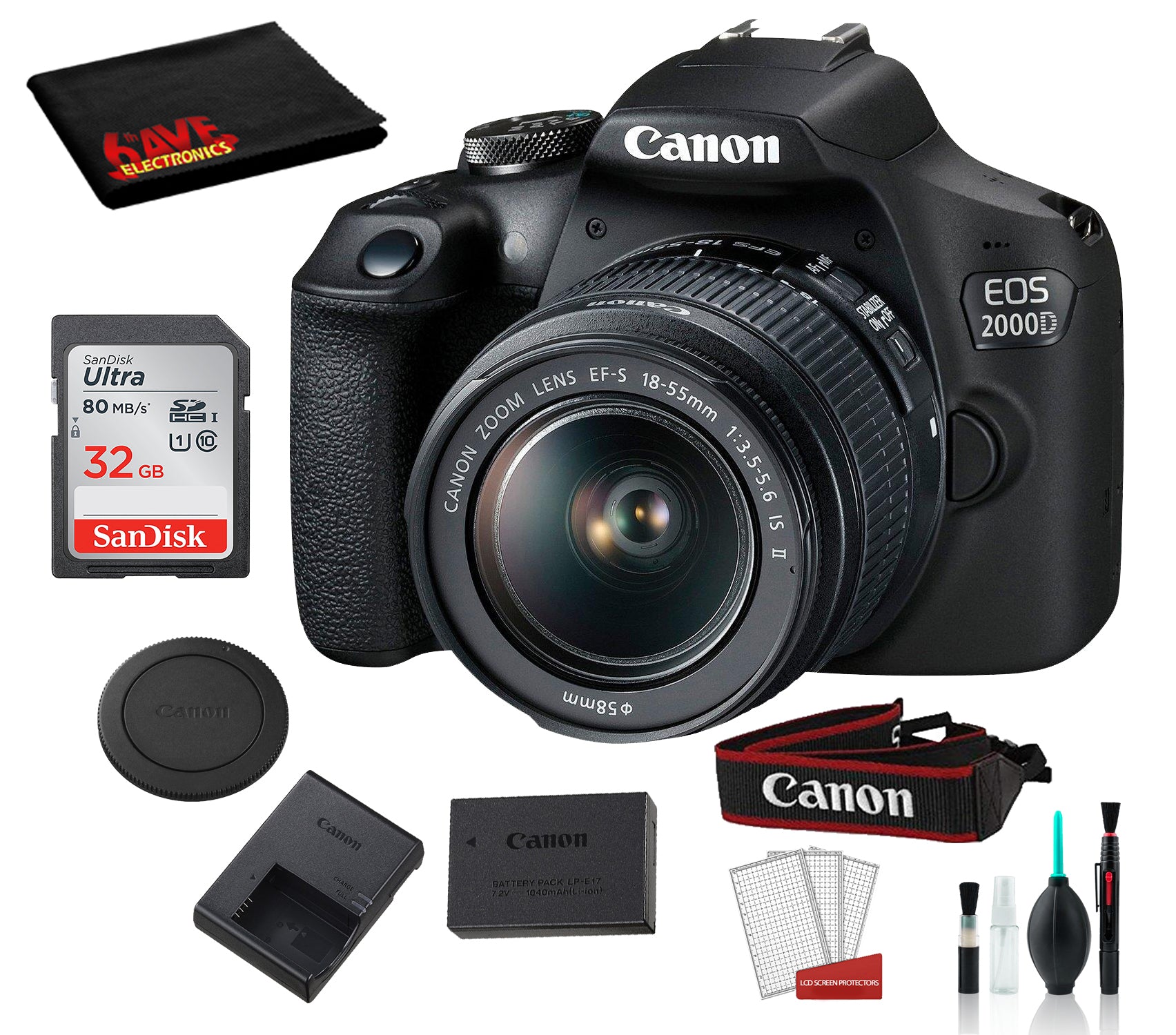Canon EOS 2000D (REBEL T7) DSLR Camera 18-55MM IS ii Lens Bundle �SanDisk 32gb + Cleaning Kit + MORE - International