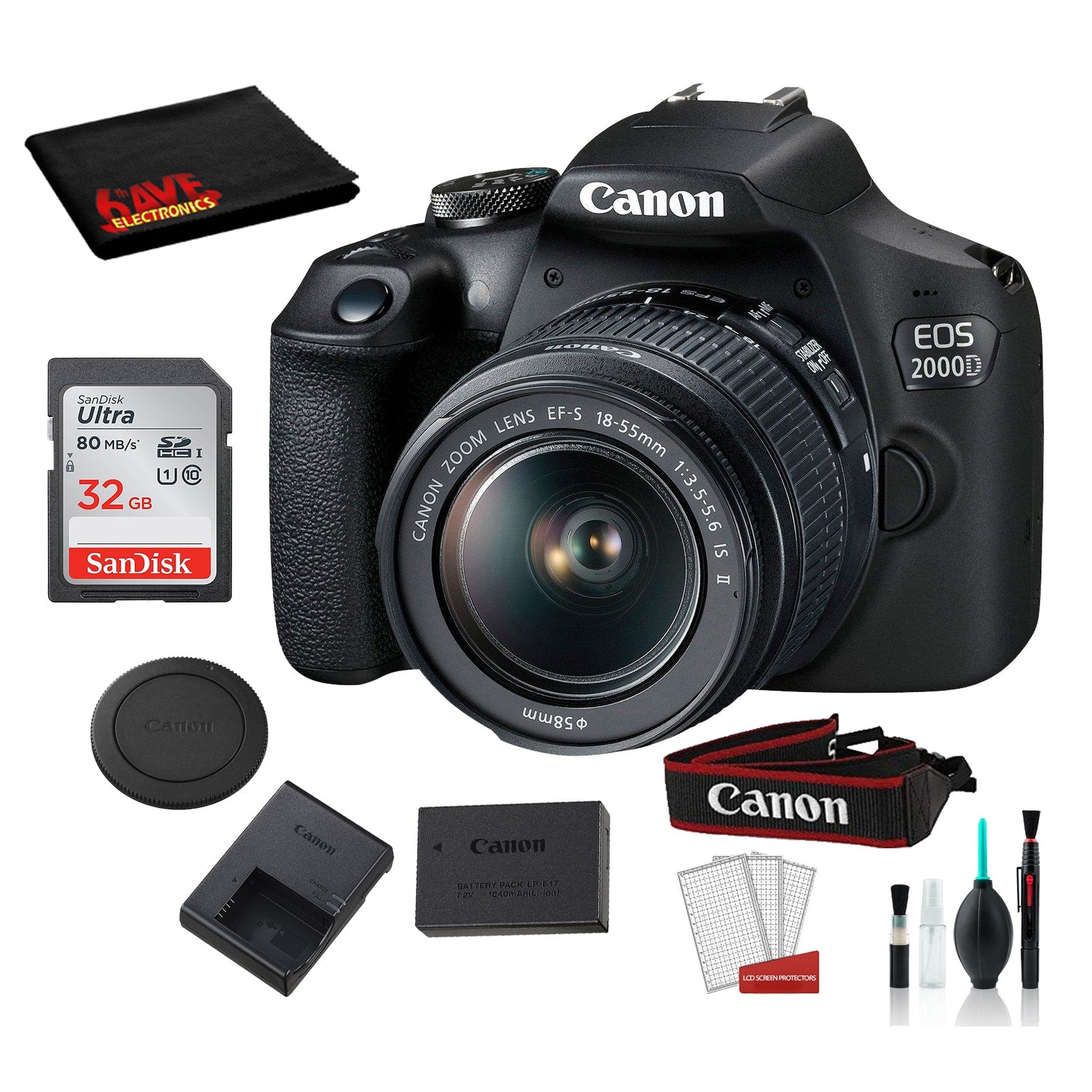 Canon EOS 2000D REBEL T7 DSLR Camera 18-55MM IS ii Lens Bundle �SanDisk 32gb + Cleaning Kit + MORE - International CANON