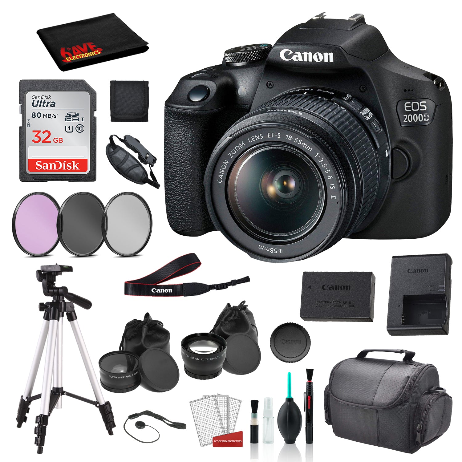 Canon EOS 2000D (REBEL T7) Digital SLR Camera 18-55MM IS ii Lens Bundle �SanDisk 32gb  + Filters + MORE - International