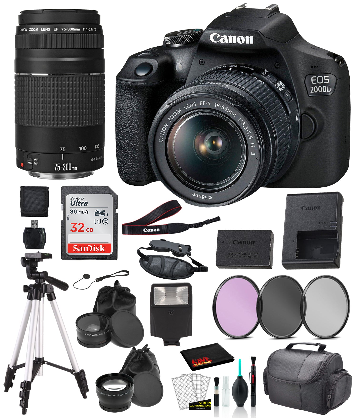 Canon EOS 2000D (REBEL T7) DSLR Camera 18-55MM IS ii and EF 73-300mm Lens Bundle �SanDisk 32gb + MORE - International