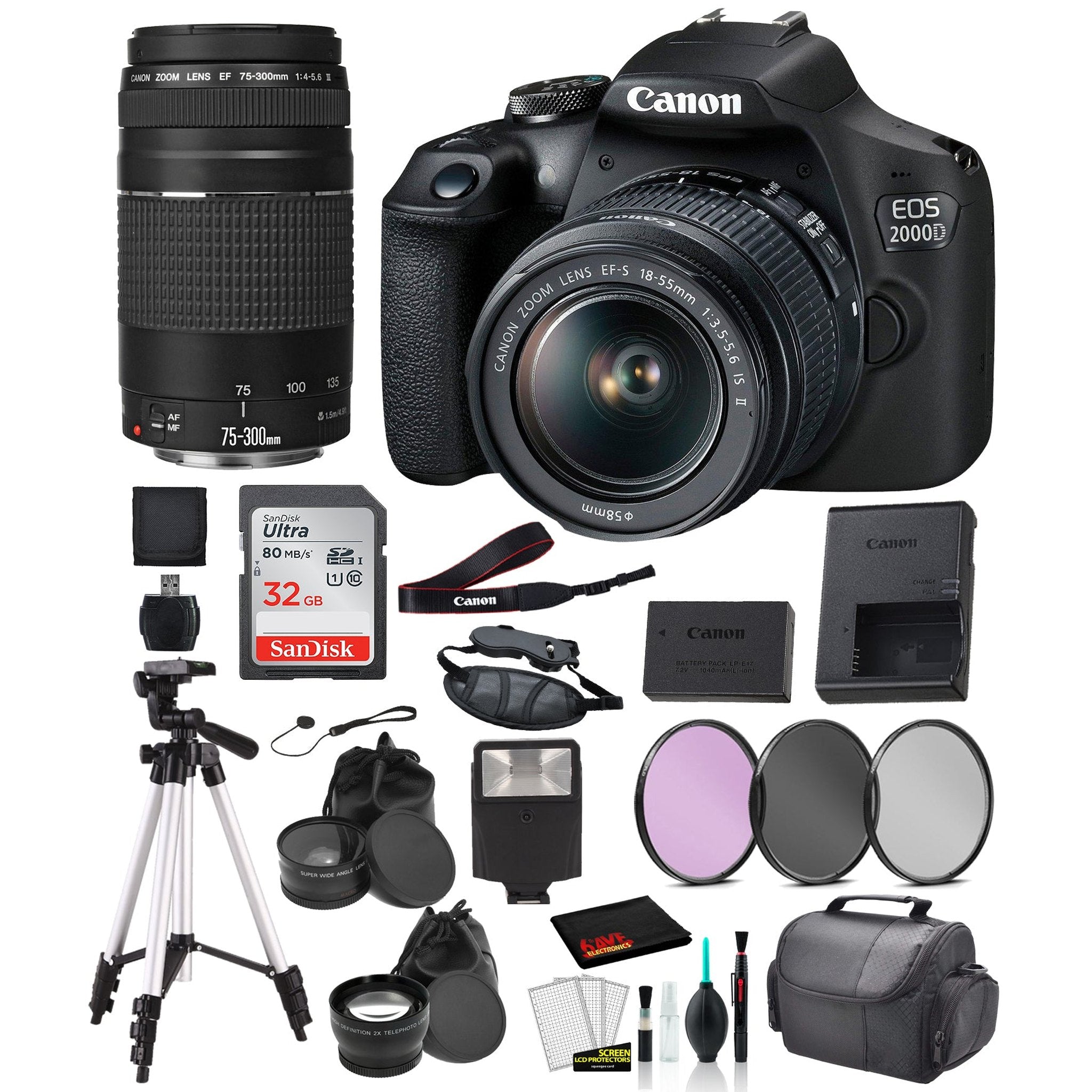 Canon EOS 2000D (REBEL T7) DSLR Camera 18-55MM IS ii and EF 73-300mm Lens Bundle �SanDisk 32gb + MORE - International