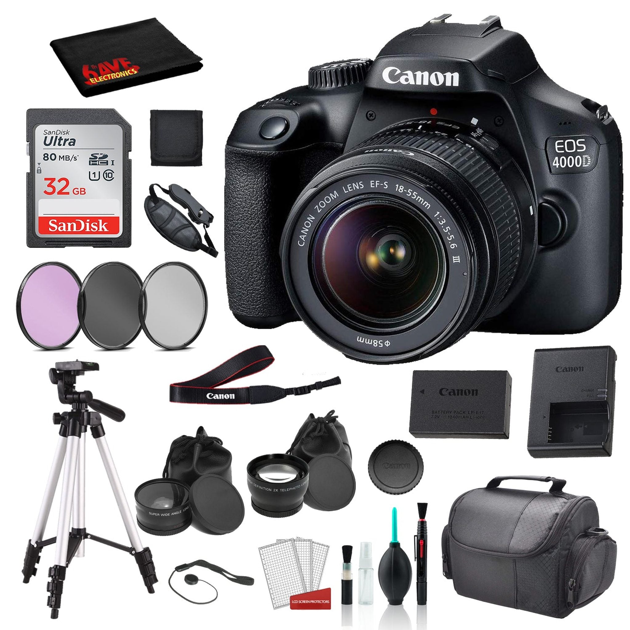 Canon EOS 4000D Rebel T100 EF-S 18-55mm Lens Bundle �SanDisk 32gb SD Card + 3PC Filter Kit + MORE - International