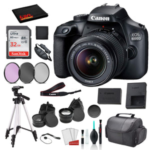 Canon EOS 4000D Rebel T100 EF-S 18-55mm Lens Bundle �SanDisk 32gb SD Card + 3PC Filter Kit + MORE - International