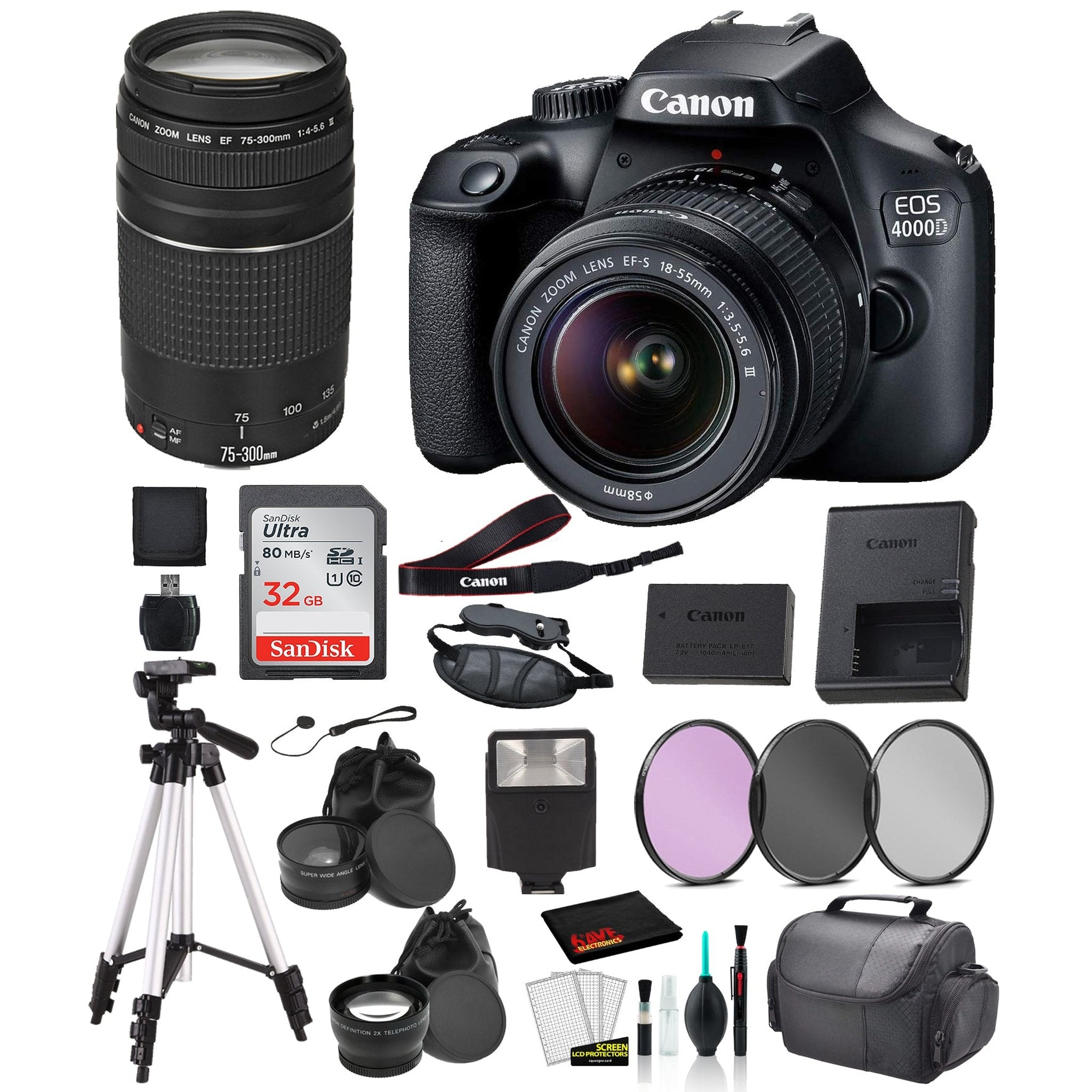 Canon EOS 4000D EF-S 18-55mm and EF 73-300mm Lens Bundle SanDisk 32gb + Filters + MORE - International