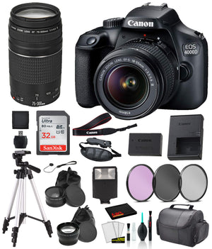 Canon EOS 4000D EF-S 18-55mm and EF 73-300mm Lens Bundle SanDisk 32gb + Filters + MORE - International