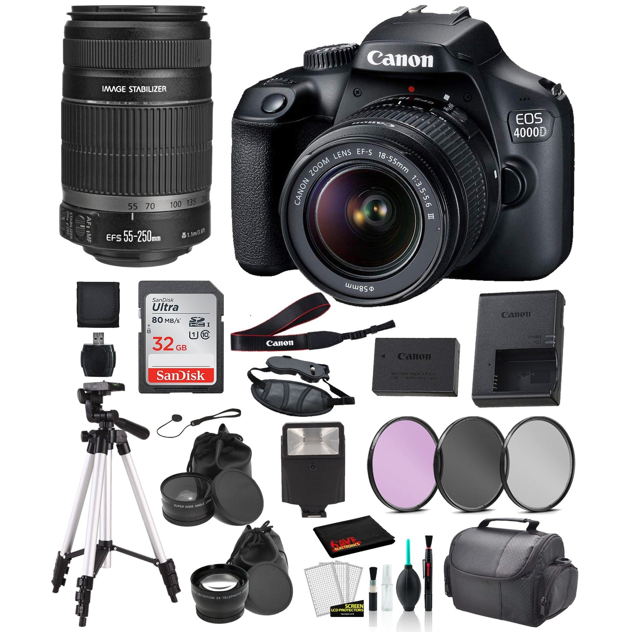Canon EOS 4000D Rebel T100 EF-S 18-55mm and EF-S 55-250mm Lens Bundle �SanDisk 32gb + Filters + MORE - International CANON