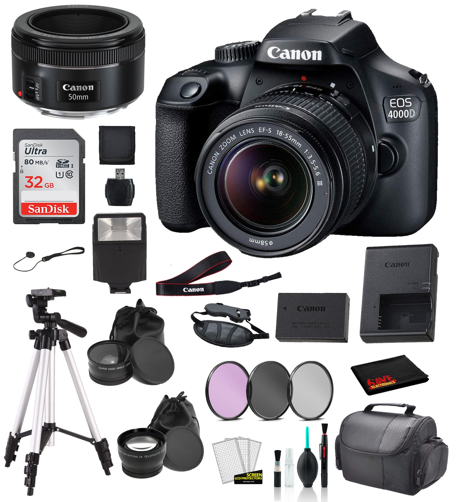 Canon EOS 4000D (Rebel T100) EF-S 18-55mm and EF 50mm f/1.8 STM Lens Bundle �SanDisk 32gb  + Filters + - International