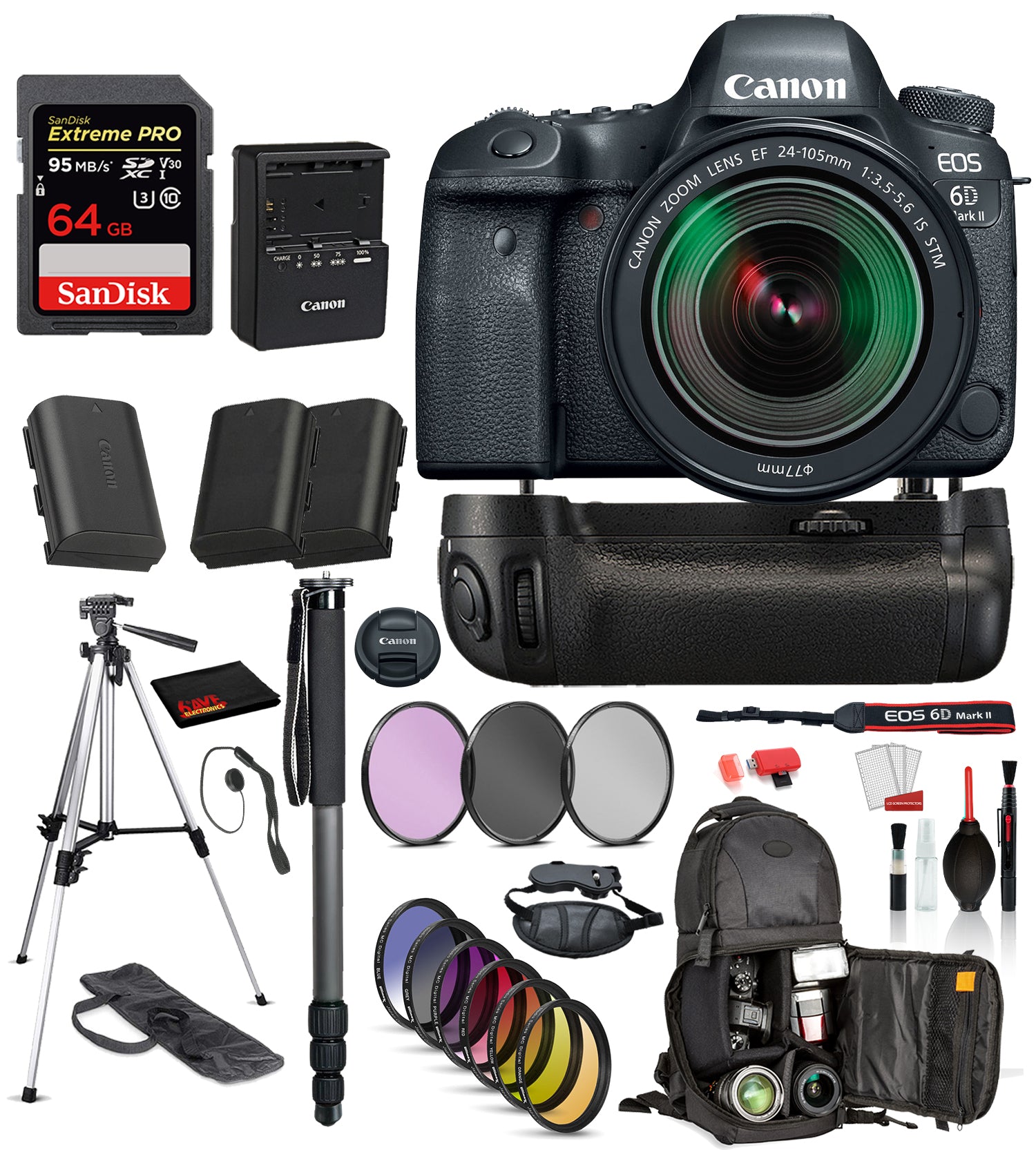 Canon EOS 6D Mark II DSLR Camera with 24-105mm f/3.5-5.6 Lens  ? Battery Grip +  SanDisk extreme pro 64gb SD + MORE