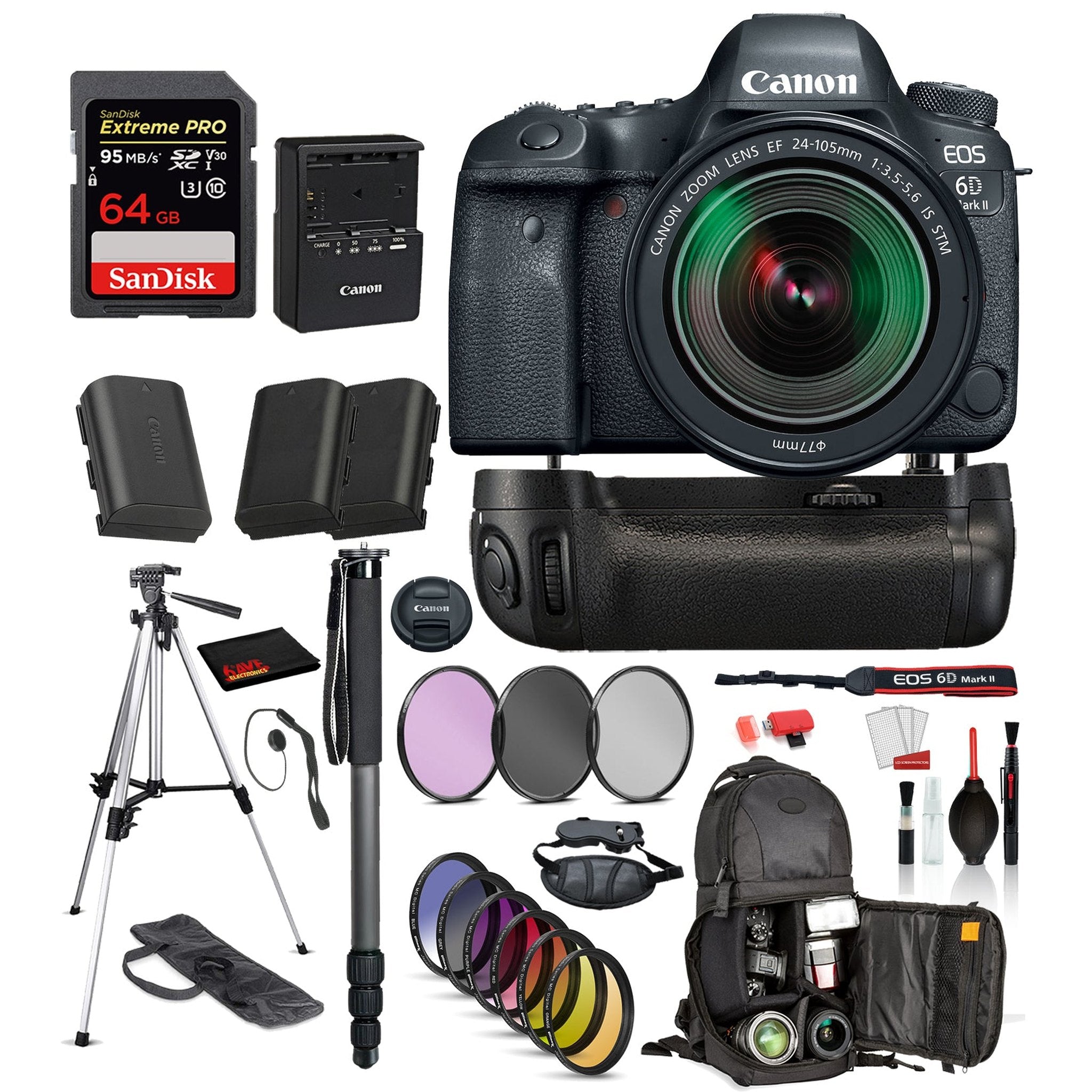 Canon EOS 6D Mark II DSLR Camera with 24-105mm f/3.5-5.6 Lens ? Battery Grip + SanDisk extreme pro 64gb SD + MORE Canon