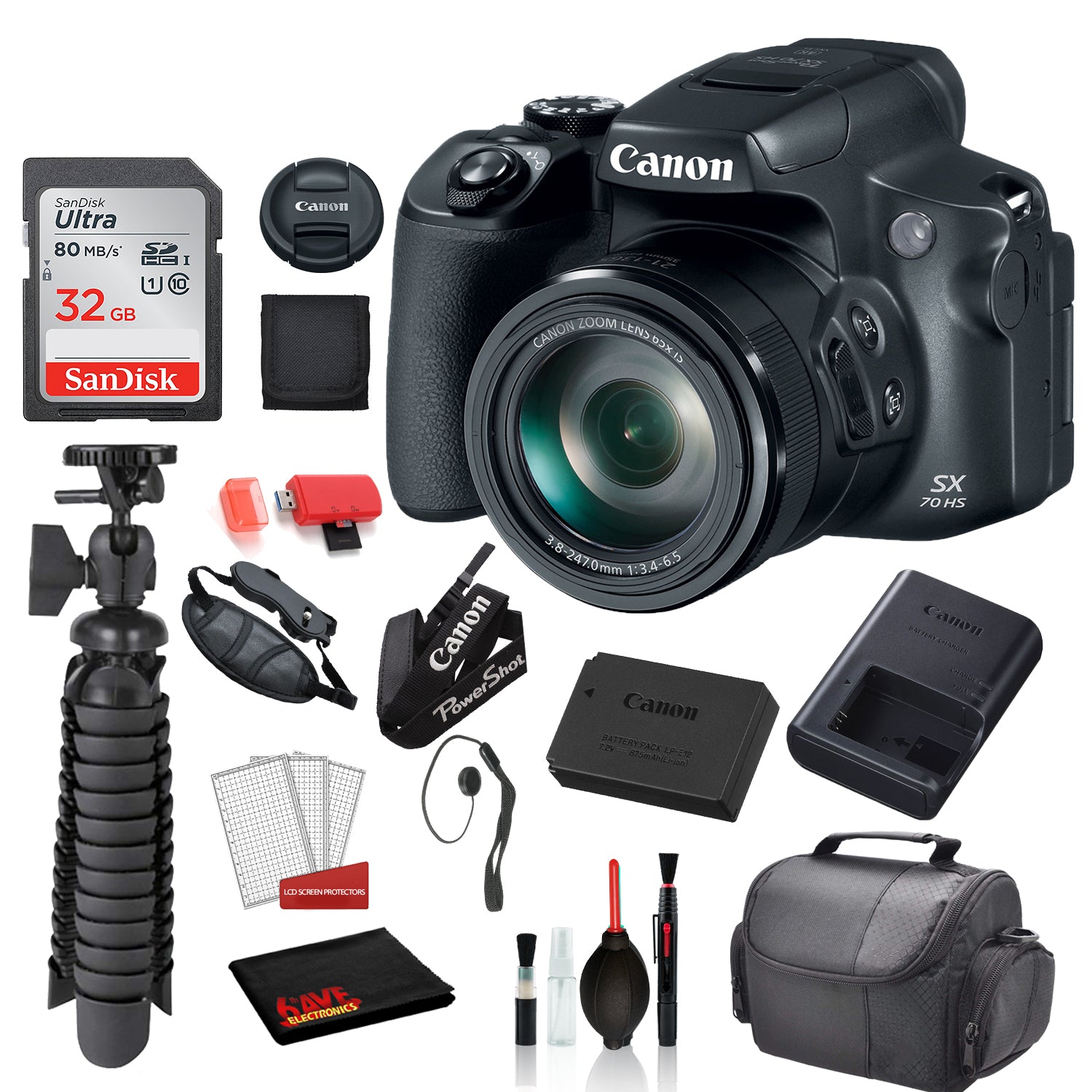 Canon PowerShot SX70 HS Digital Camera  with  SanDisk 32gb SD card + Deluxe Cleaning Kit + 12 Tripod + MORE(Intl Model)