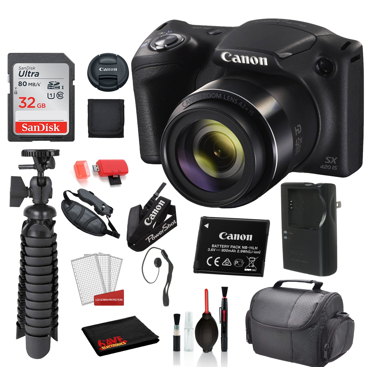 Canon PowerShot SX420 IS Digital Camera  with   SanDisk 32gb SD card + Deluxe Cleaning Kit + 12  Tripod + MORE
