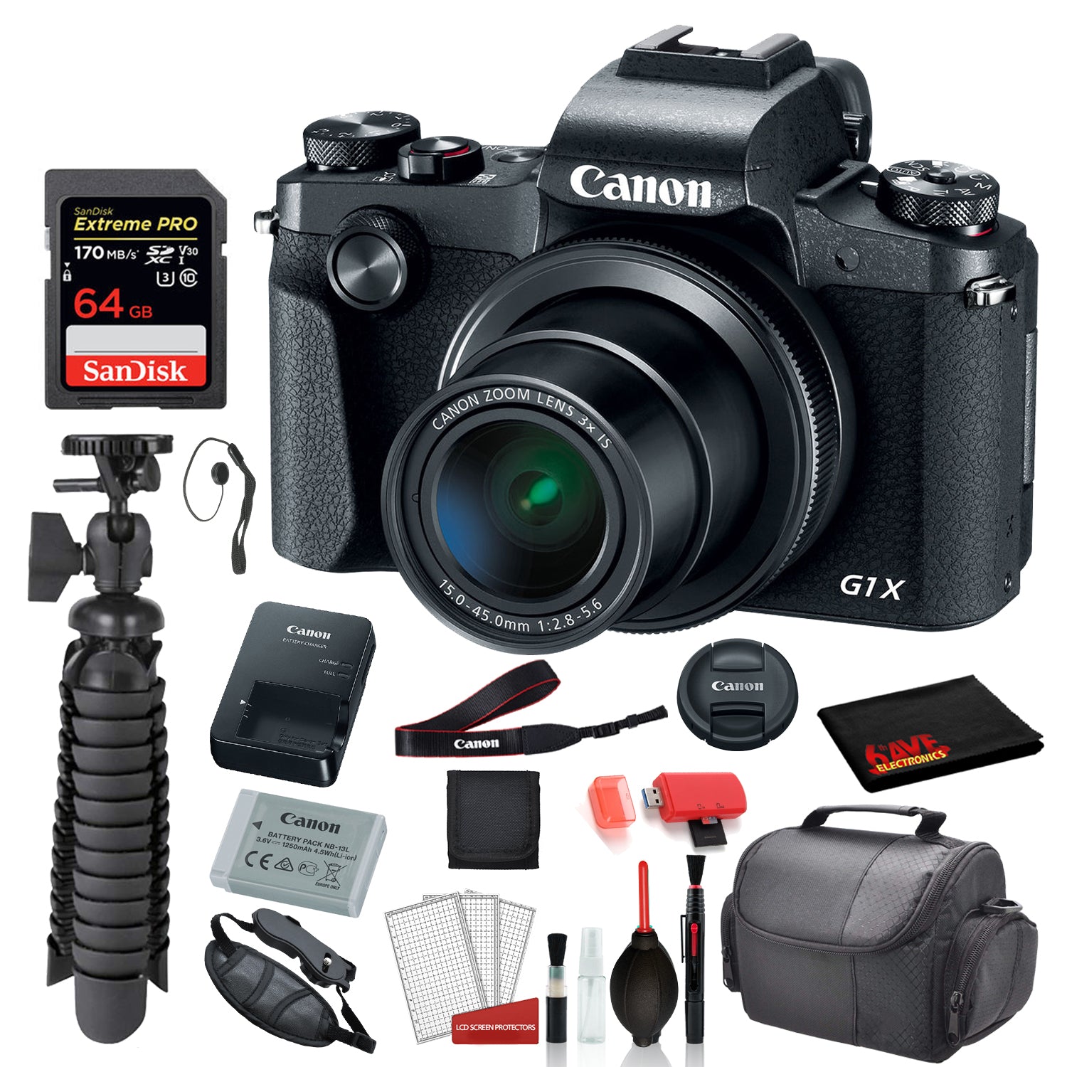 Canon PowerShot G1 X Mark III Digital Camera with SanDisk 64gb Extreme Pro SD card + Deluxe Cleaning Kit +  MORE