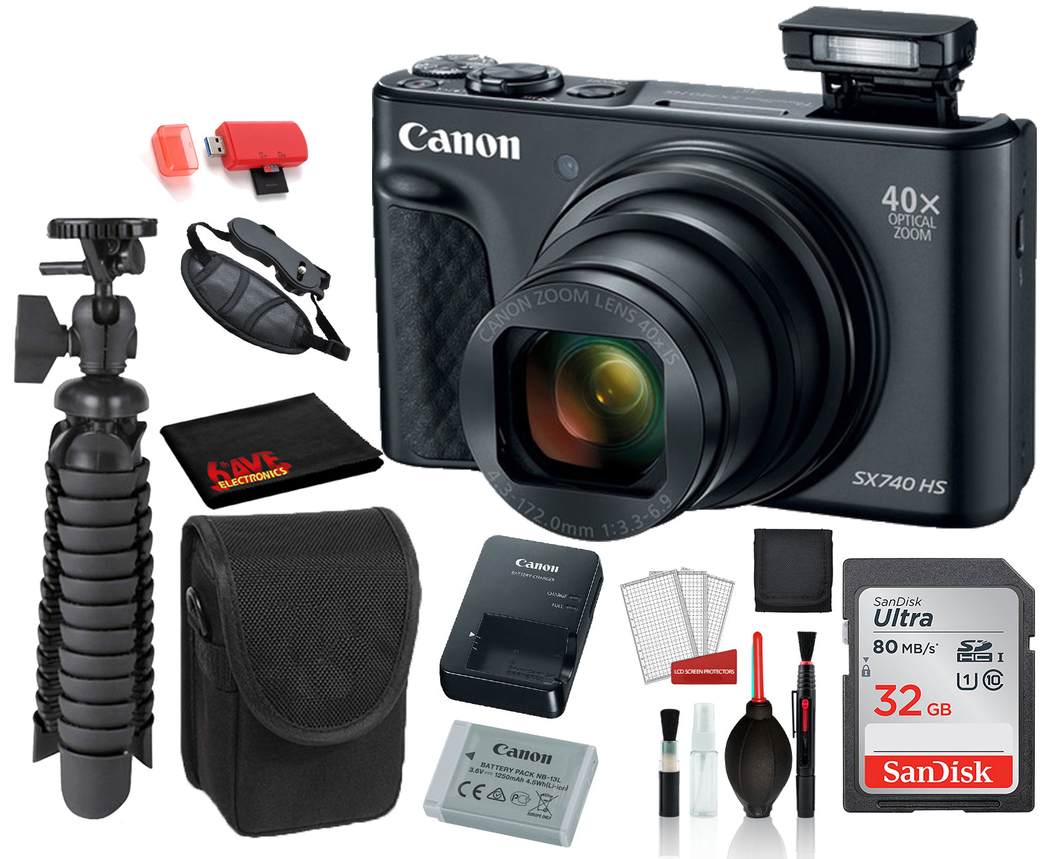 Canon PowerShot SX740 HS Digital Camera (Black) with SanDisk 32gb SD card + Camera Case + 12 Tripod Base Bundle