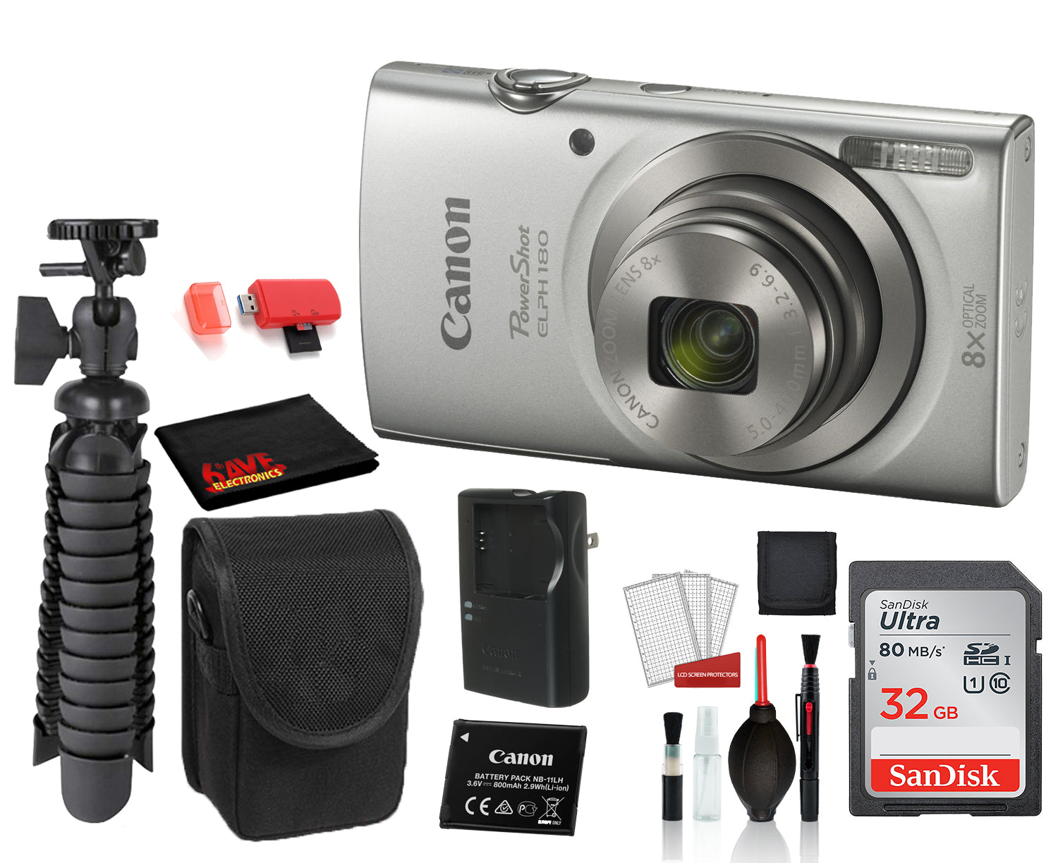 Canon PowerShot ELPH 180 Digital Camera (Silver) with SanDisk 32gb SD card + Camera Case + Tripod + MORE