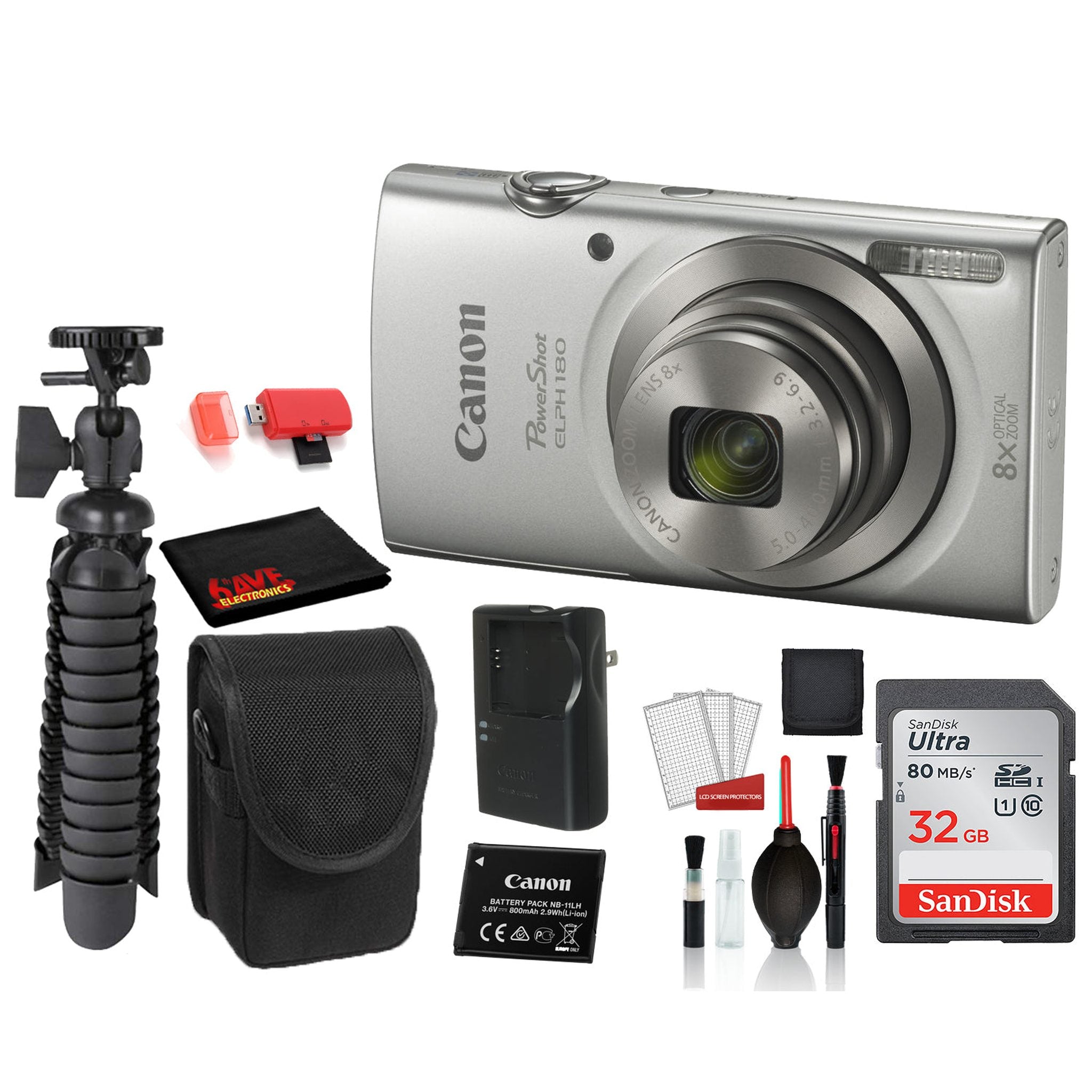 Canon PowerShot ELPH 180 Digital Camera Silver with SanDisk 32gb SD card + Camera Case + Tripod + MORE
