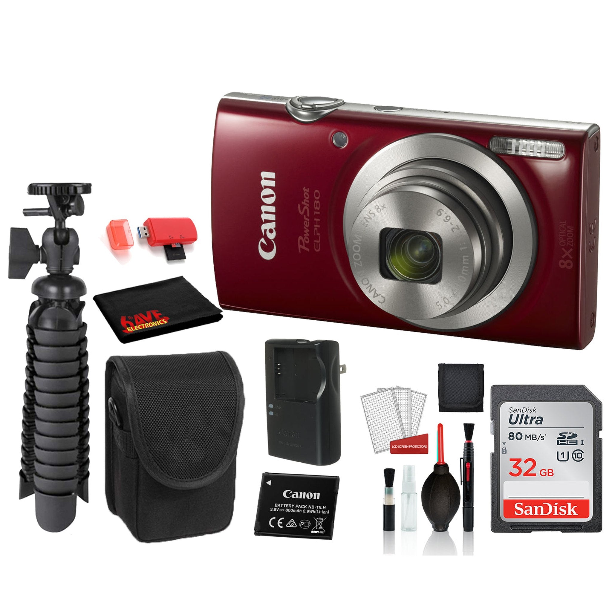 Canon PowerShot ELPH 180 Digital Camera Red with SanDisk 32gb SD card + Camera Case + Tripod + MORE