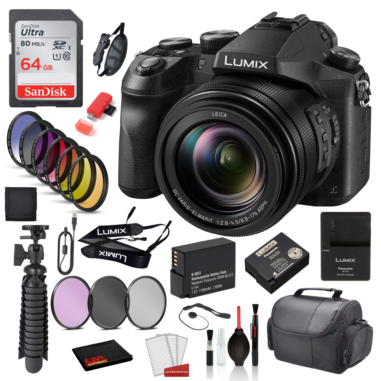 Panasonic Lumix DMC-FZ2500 Digital Camera  with –SanDisk 64gb SD card + 9PC Filter Kit + 12” Tripod + MORE