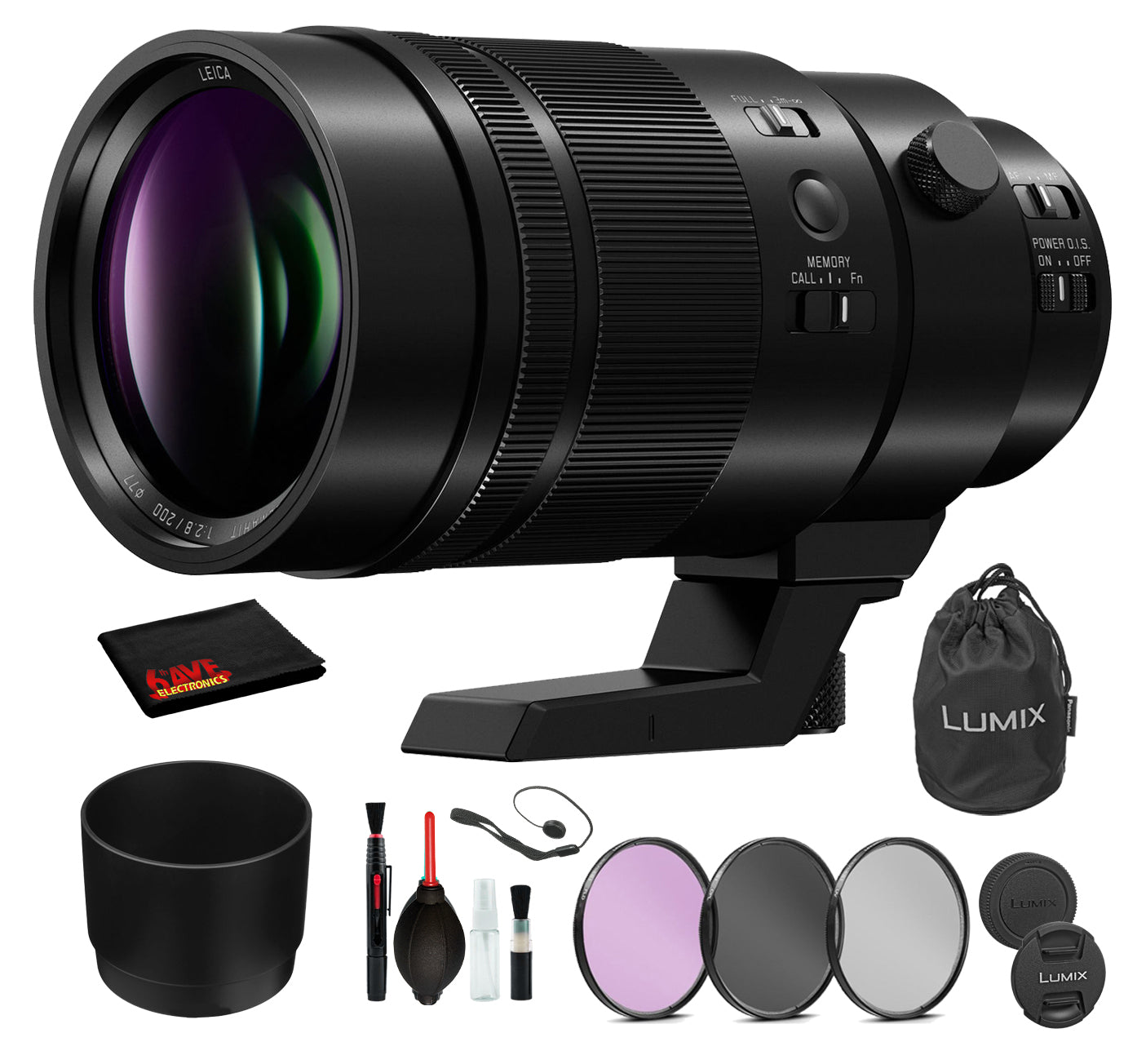 Panasonic Leica DG Elmarit 200mm f/2.8 POWER O.I.S. Lens with Bundle: 3PC Filter Kit + Deluxe Lens Cleaning Kit + More