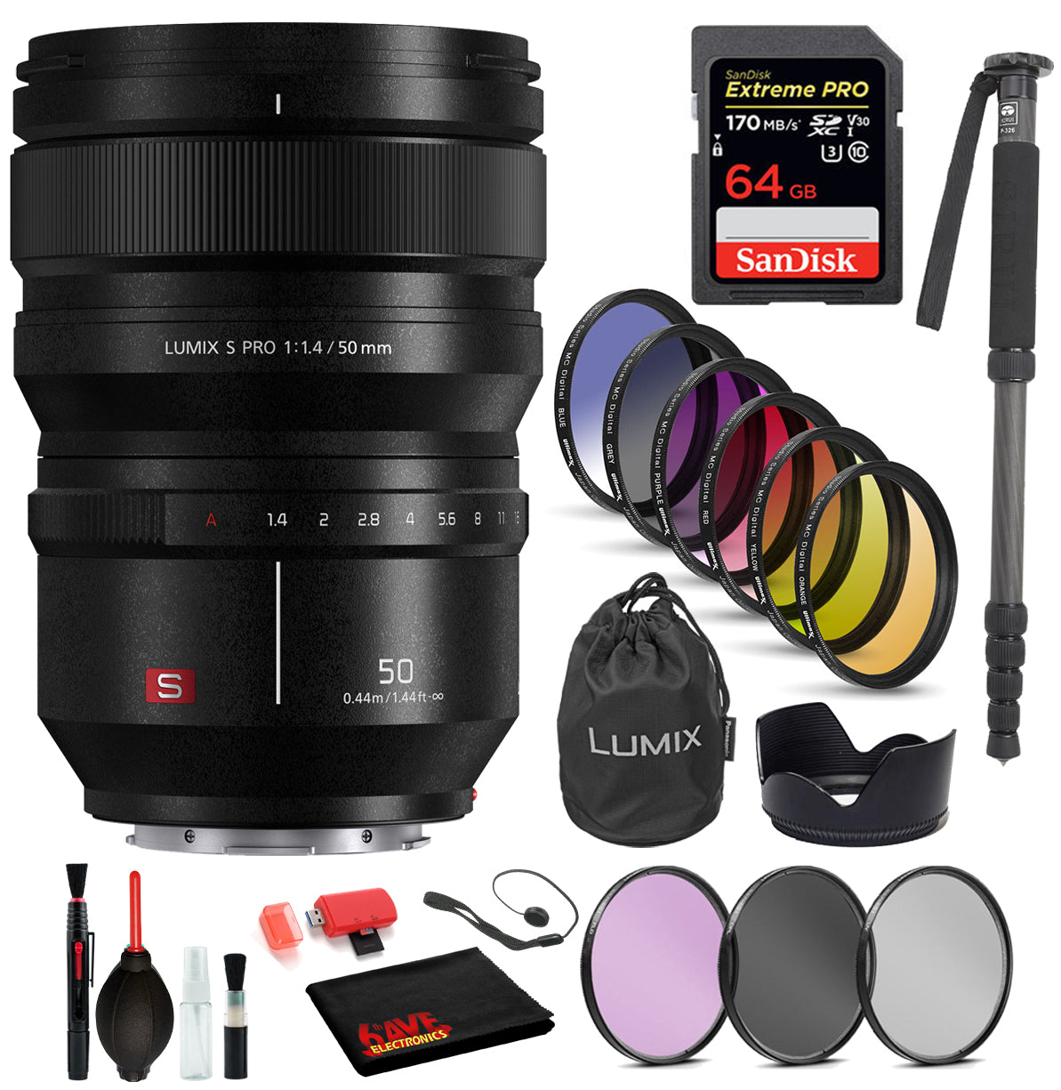 Panasonic Lumix S PRO 50mm f/1.4 Lens with Bundle: Sandisk Extreme Pro 64GB SD Card, 9PC Filter Kit + More