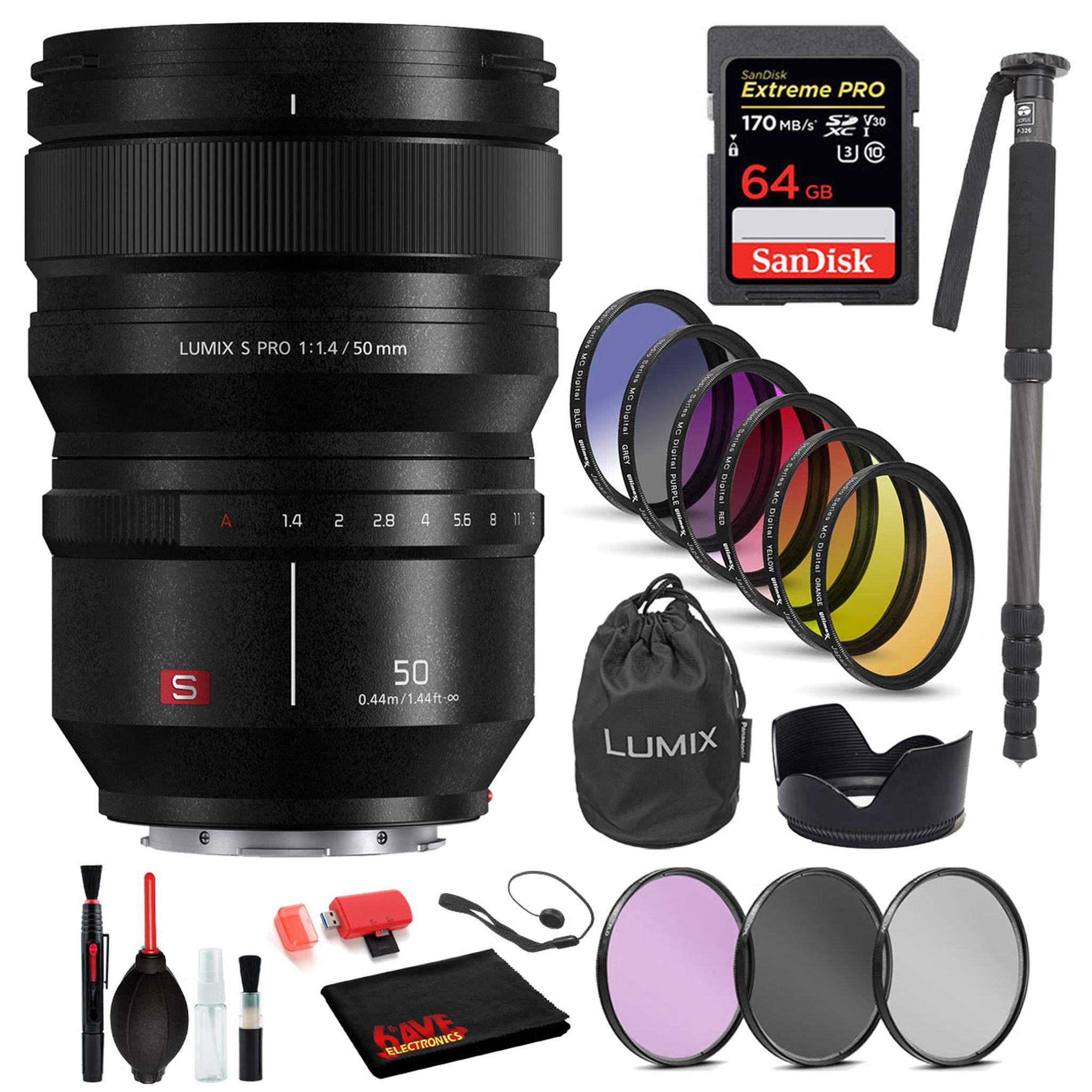 Panasonic Lumix S PRO 50mm f/1.4 Lens with Bundle: Sandisk Extreme Pro 64GB SD Card, 9PC Filter Kit + More