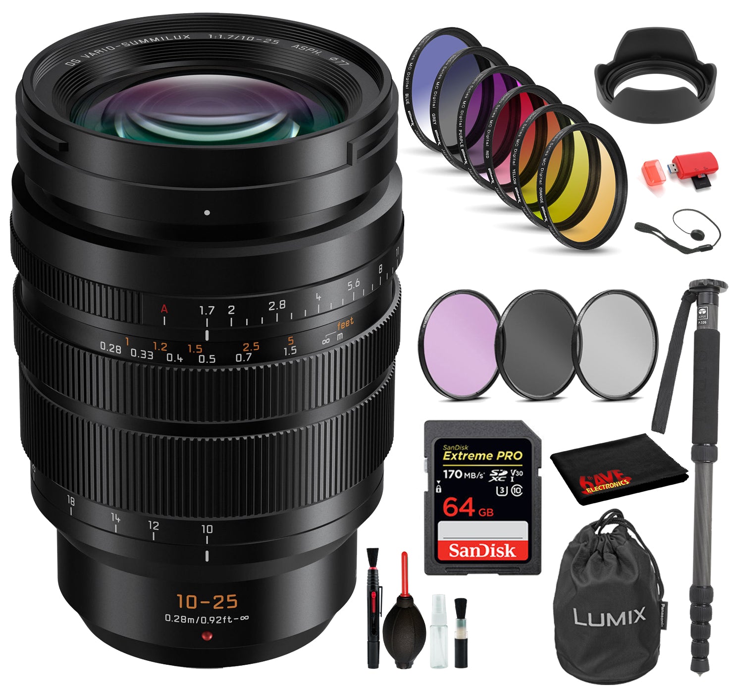 Panasonic Leica DG Vario-Summilux 10-25mm f/1.7 ASPH. Lens with: Sandisk Extreme Pro 64GB SD Card, 9PC Filter Kit + More