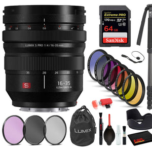 Panasonic Lumix S PRO 16-35mm f/4 Lens with: Sandisk Extreme Pro 64GB SD Card, 9PC Filter Kit + More Panasonic