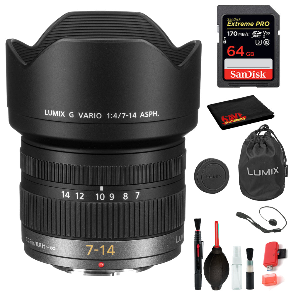 Panasonic Lumix G Vario 7-14mm f/4 ASPH. Lens with Bundle Kit Includes: Sandisk Extreme Pro 64GB SD Card + More