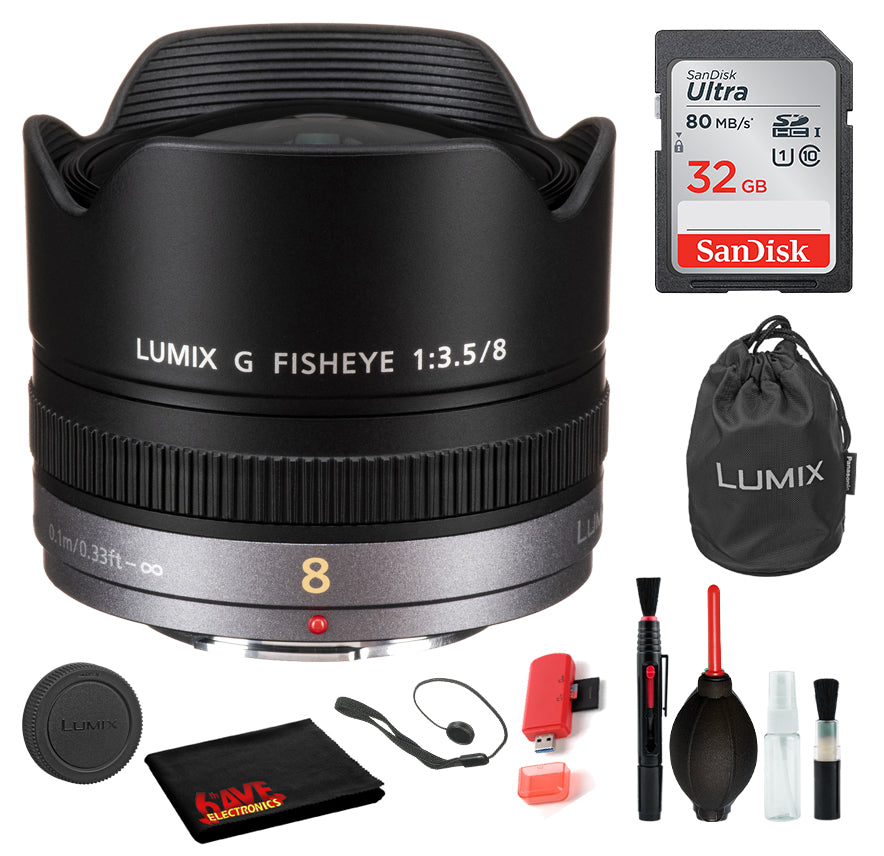 Panasonic Lumix G Fisheye 8mm f/3.5 Lens with Bundle: Sandisk 32gb SD Card, Deluxe Lens Cleaning Kit + More