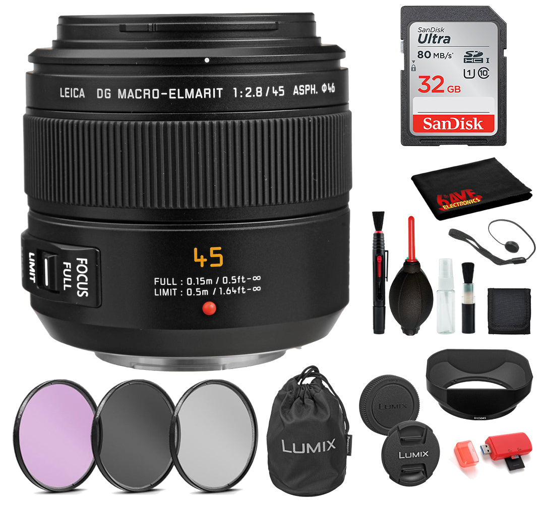 Panasonic Leica DG Macro-Elmarit 45mm f/2.8 ASPH. MEGA O.I.S. Lens with: Sandisk 32GB SD Card, 3PC Filter Kit + More