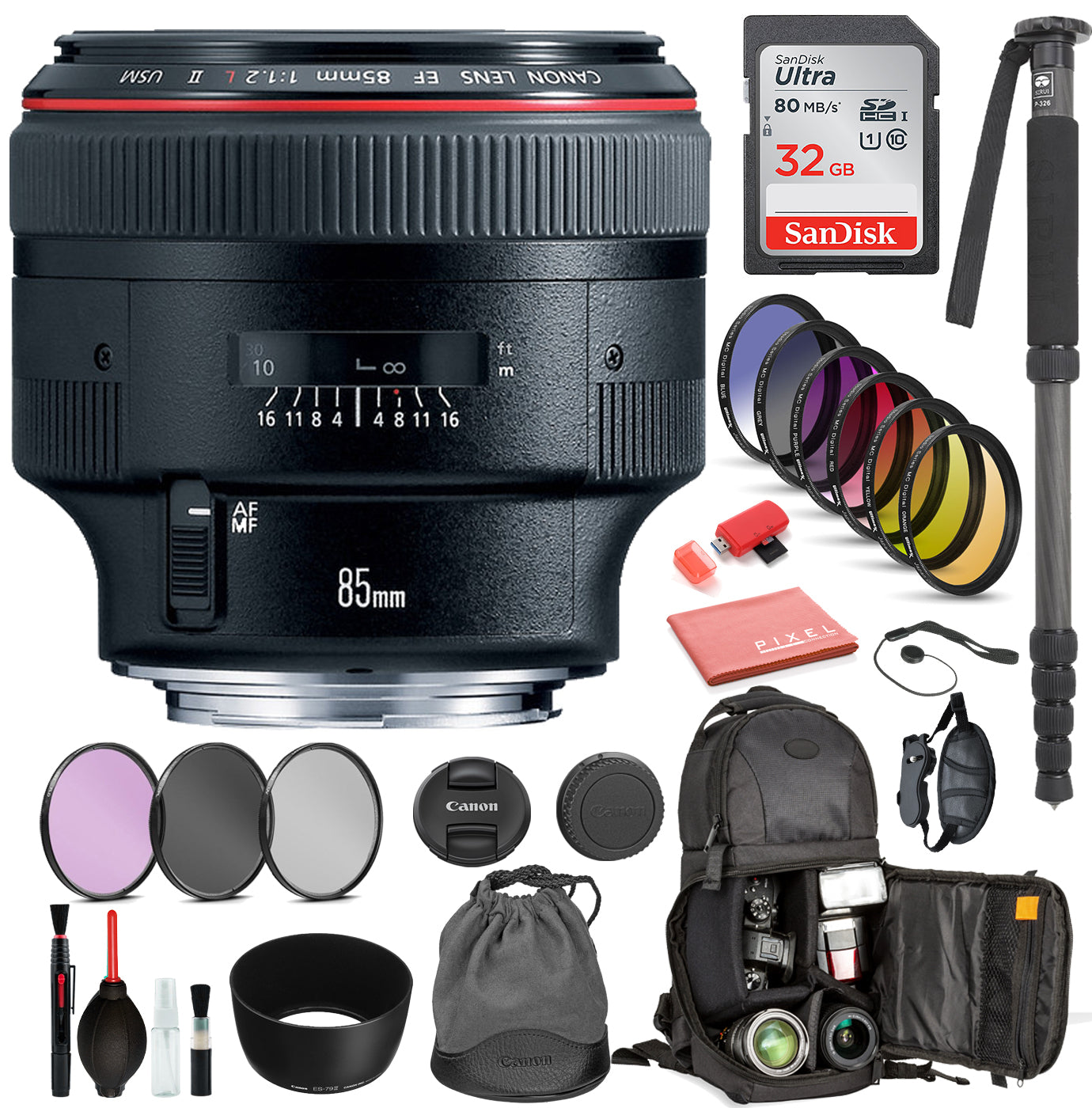 Canon EF 85mm f/1.2L II USM Lens Includes: DSLR Sling Backpack , 9PC filter Kit, Sandisk 32GB SD + More
