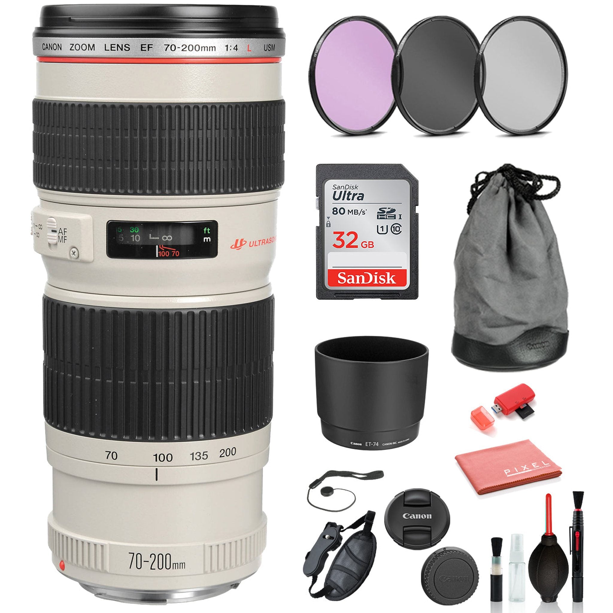 Canon EF 70-200mm f/4L USM Lens Includes: Sandisk 32gb SD Card, 3PC Filter Kit + More Canon
