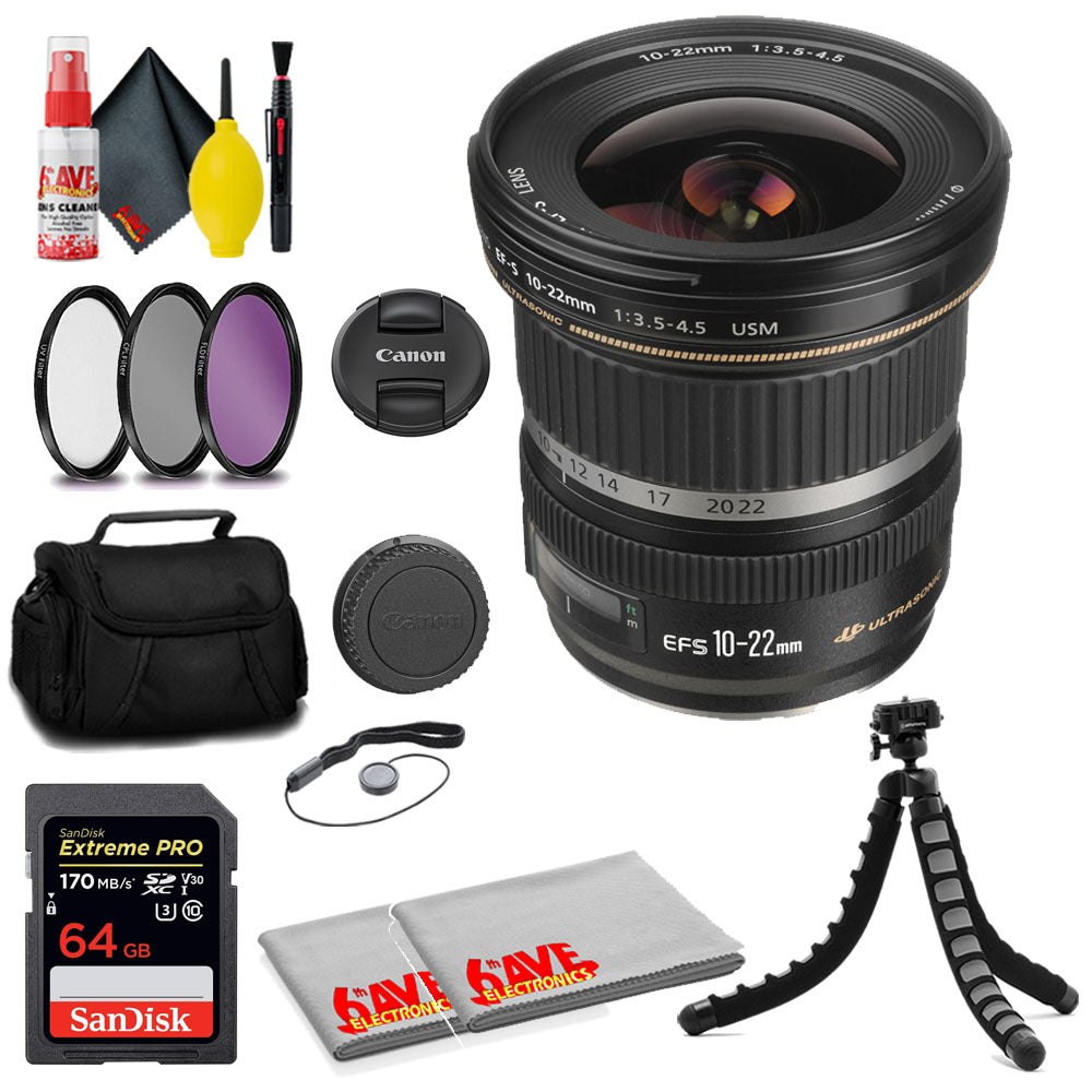 Canon EF-S 10-22mm f/3.5-4.5 USM Lens + SanDisk 64GB Card + Filter Kit + MORE