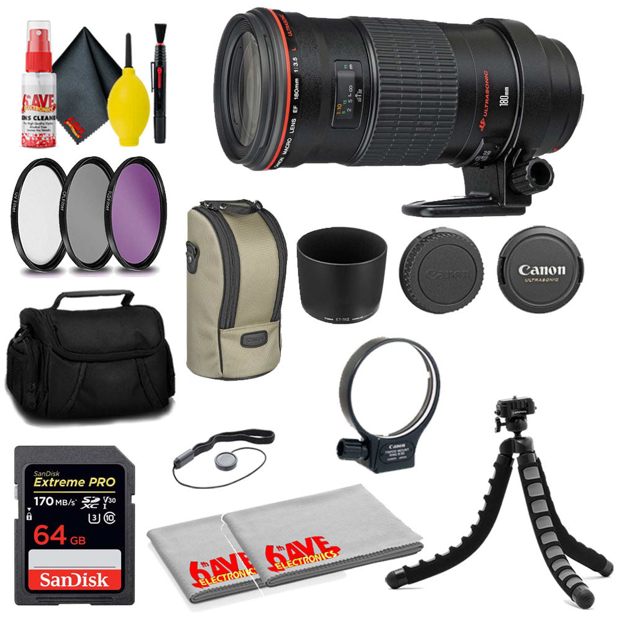 Canon EF 180mm f/3.5L Macro USM Lens + SanDisk 64GB Card + MORE Canon