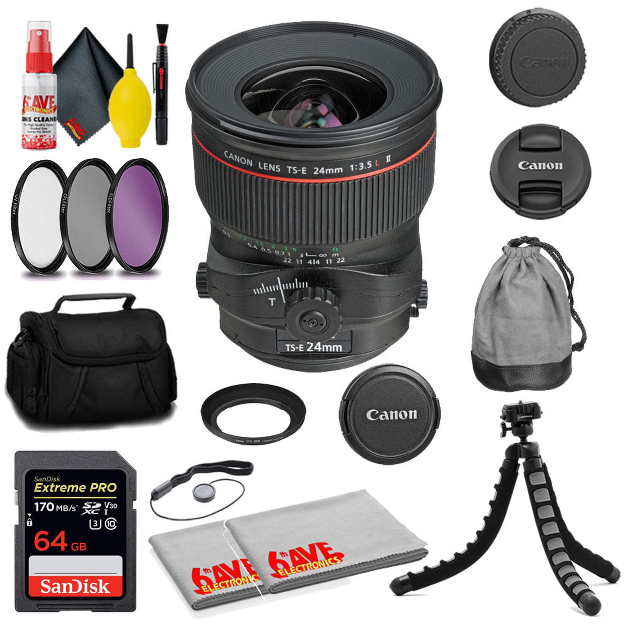 Canon TS-E 24mm f/3.5L II Tilt-Shift Lens + SanDisk 64GB Card + MORE International Model