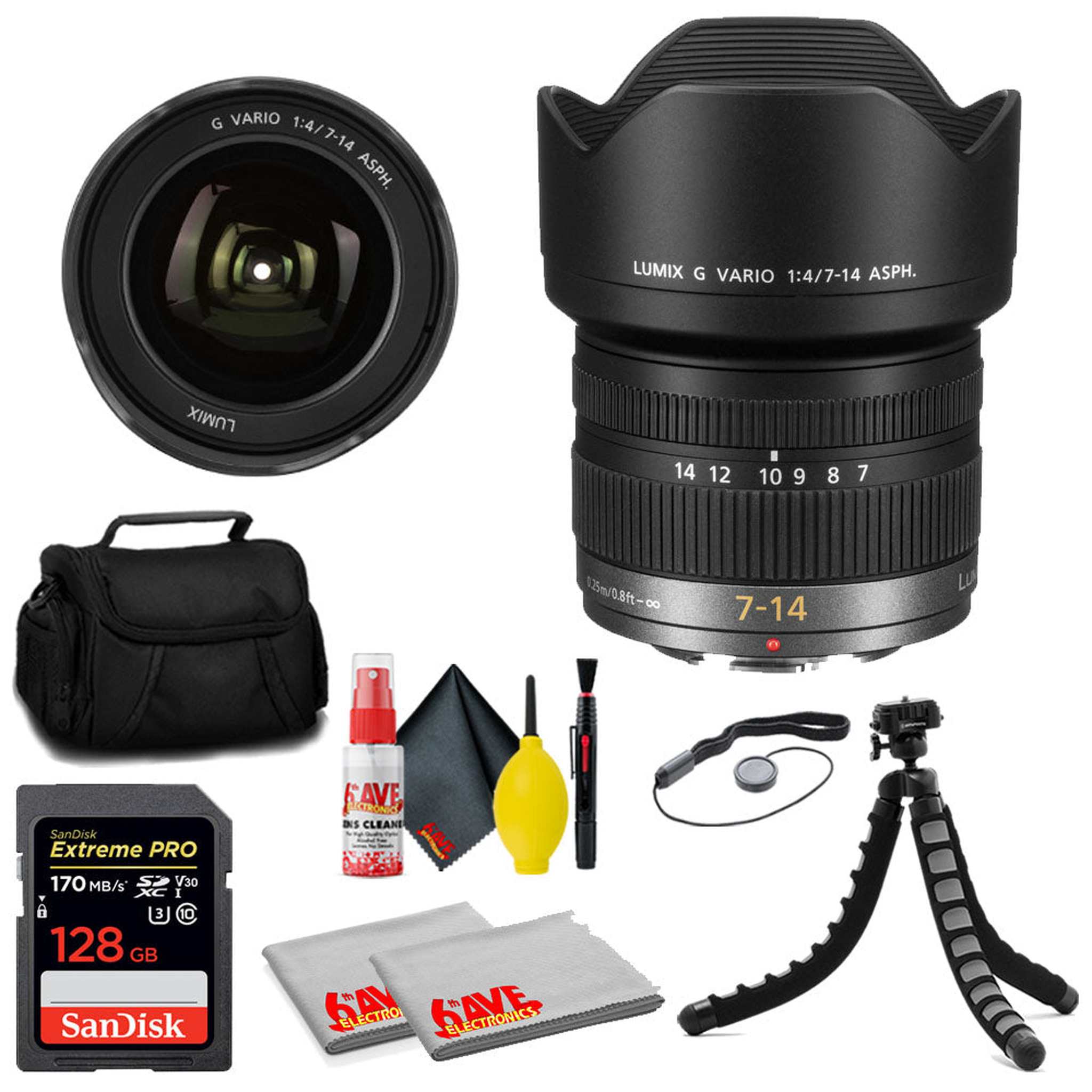 Panasonic Lumix G Vario 7-14mm f/4 ASPH Lens + SanDisk 128GB Memory Card + MORE Panasonic