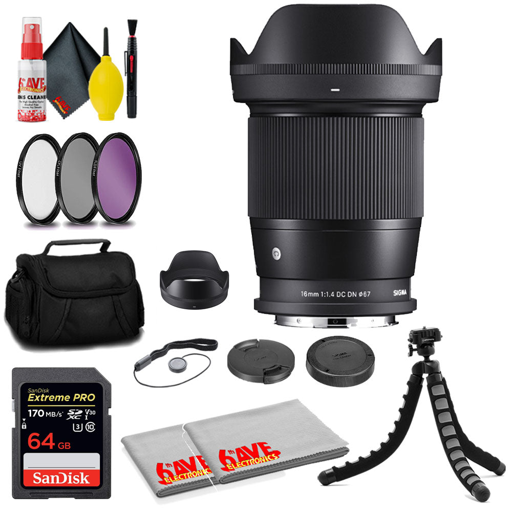 Sigma 16mm f/1.4 DC DN Contemporary Lens for Leica L + 64GB Card+ MORE