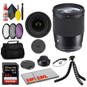 Sigma 16mm f/1.4 DC DN Contemporary Lens for Sony E + 64GB Card + MORE Sigma