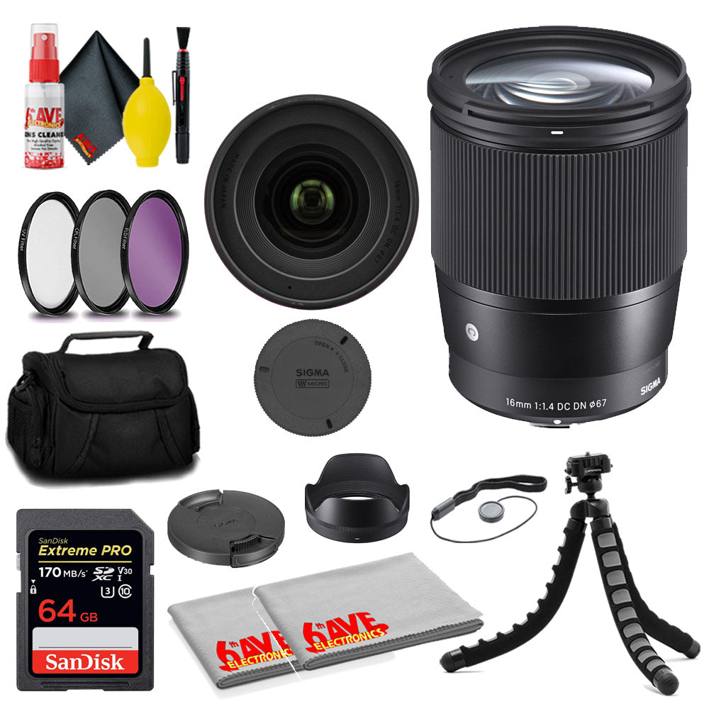 Sigma 16mm f/1.4 DC DN Contemporary Lens for Micro Four Thirds + 64G Card + MORE