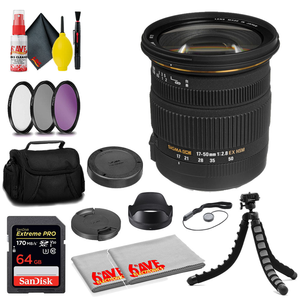 Sigma 17-50mm f/2.8 EX DC OS HSM Lens for Canon EF + 64GB Card + MORE