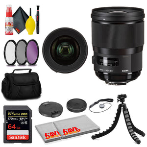 Sigma 28mm f/1.4 DG HSM Art Lens for Nikon F + 64GB Card + MORE