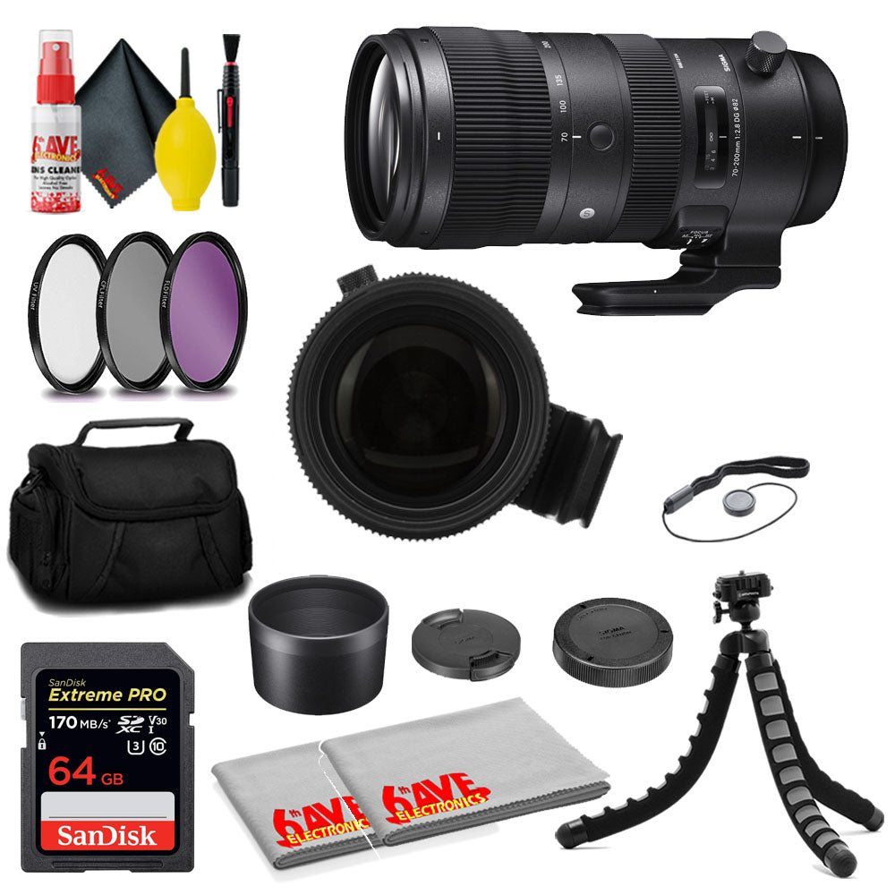 Sigma 70-200mm f/2.8 DG OS HSM Sports Lens for Nikon F + 64GB Card+ MORE