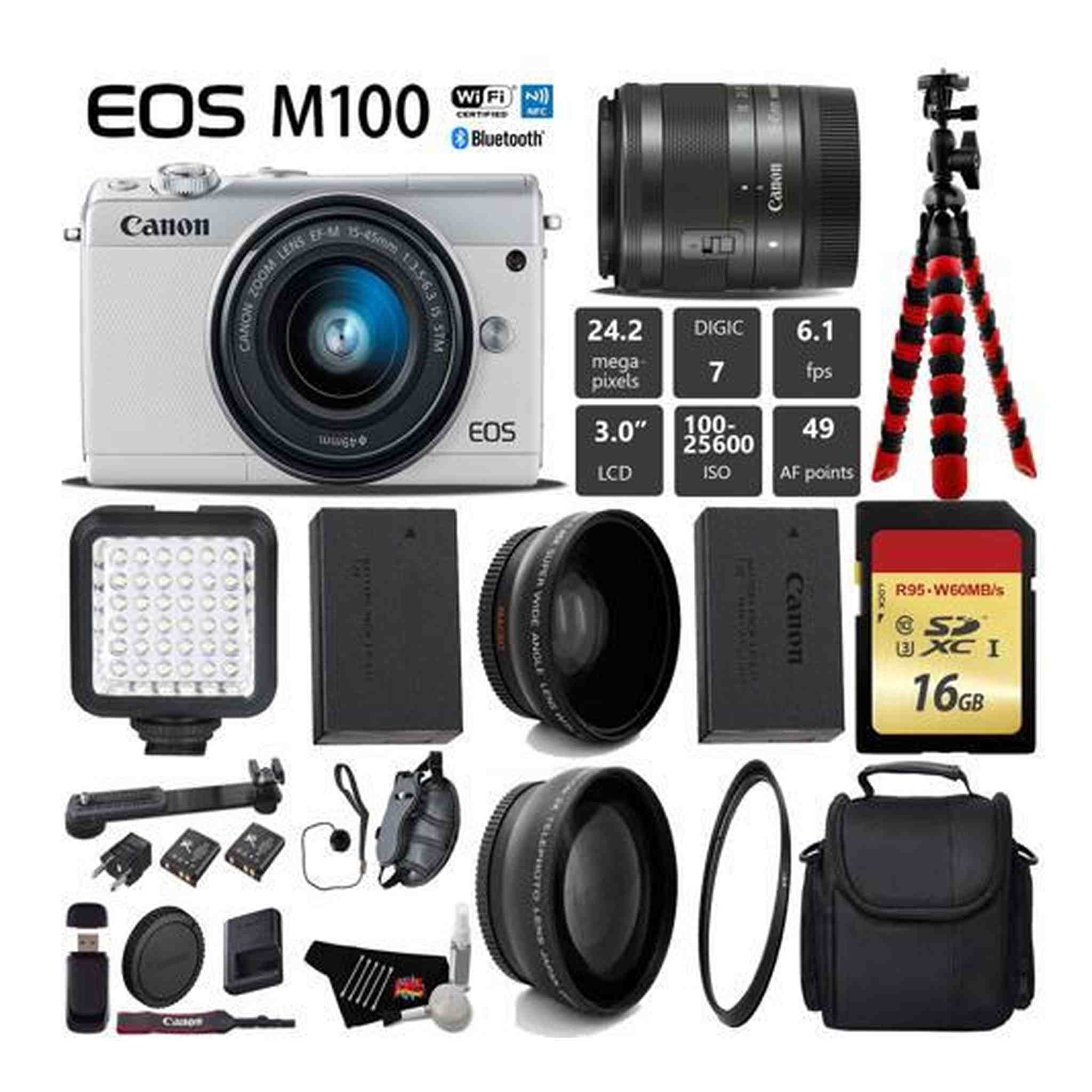 Canon EOS M100 Mirrorless Digital Camera White with 15-45mm Lens + LED + UV FLD CPL Filter Kit + Wide Angle & Telephot