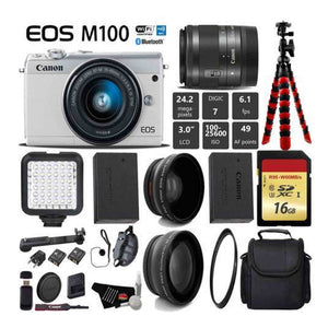 Canon EOS M100 Mirrorless Digital Camera White with 15-45mm Lens + LED + UV FLD CPL Filter Kit + Wide Angle & Telephot