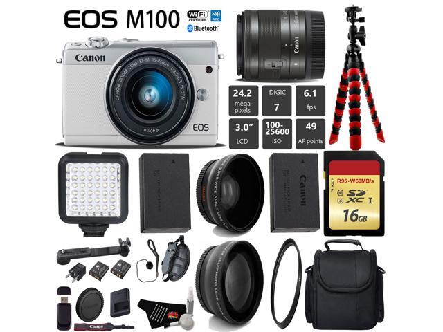 Canon EOS M100 Mirrorless Digital Camera White with 15-45mm Lens + LED + UV FLD CPL Filter Kit + Wide Angle & Telephot