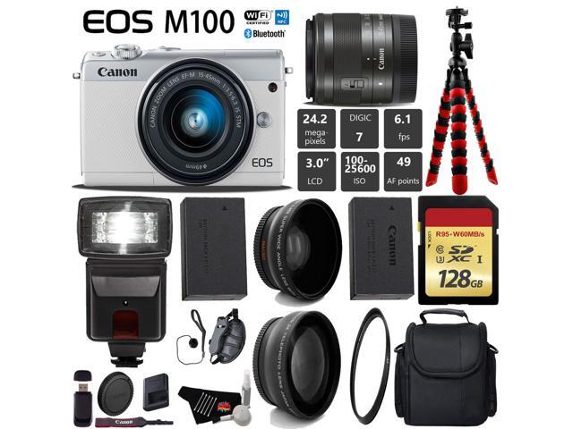 Canon EOS M100 Mirrorless Digital Camera White with 15-45mm Lens + Conversion Lens Bundle