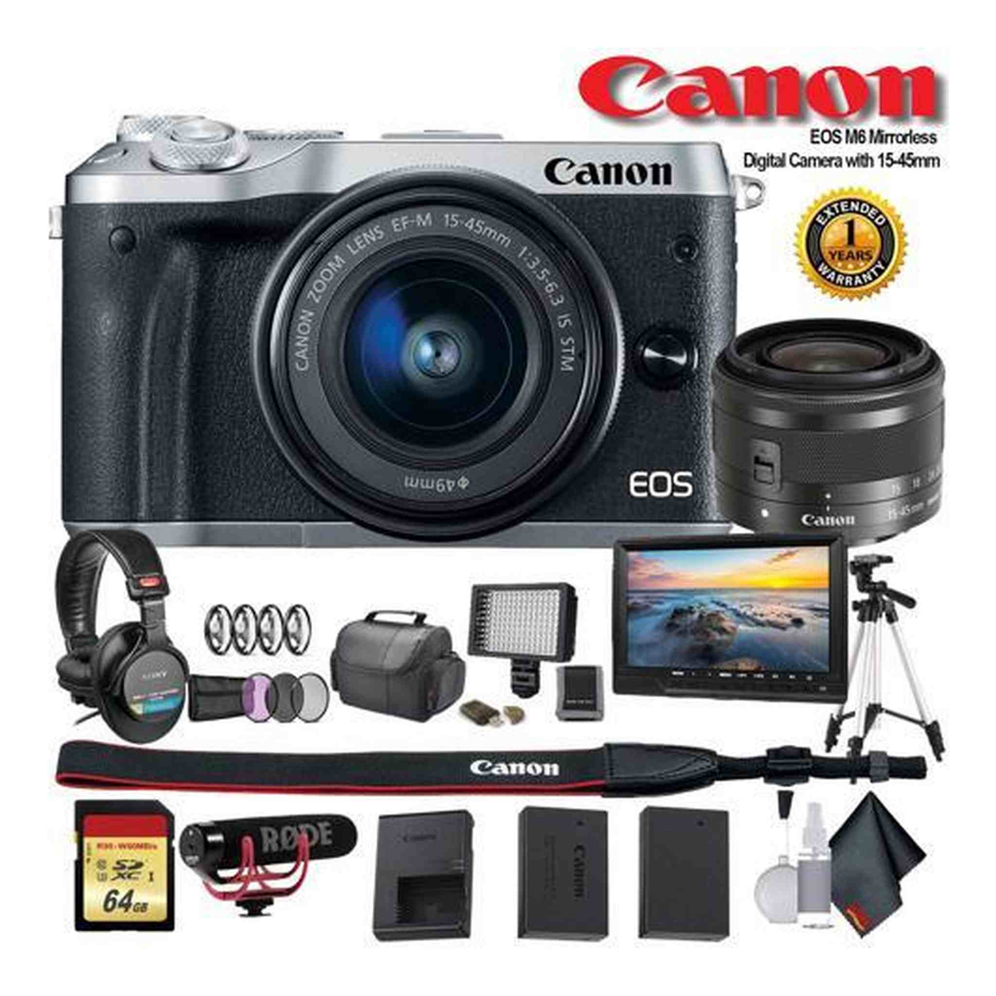 Canon EOS M6 Mirrorless Digital Camera with 15-45mm Lens International Model Silver 1725C011 W/Bag, Extra Battery, Canon