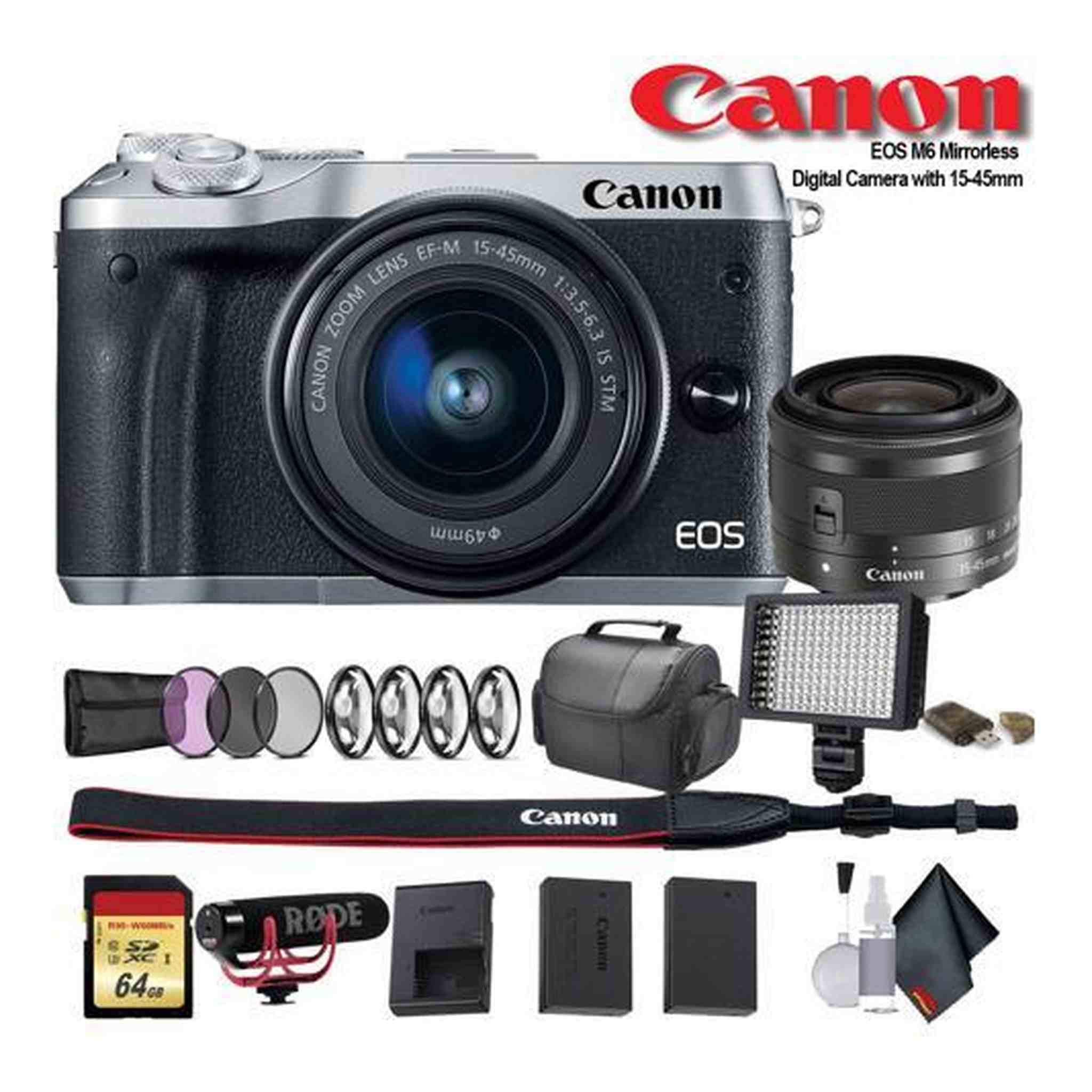Canon EOS M6 Mirrorless Digital Camera with 15-45mm Lens International Model Silver 1725C011 W/Bag, Extra Battery, Canon