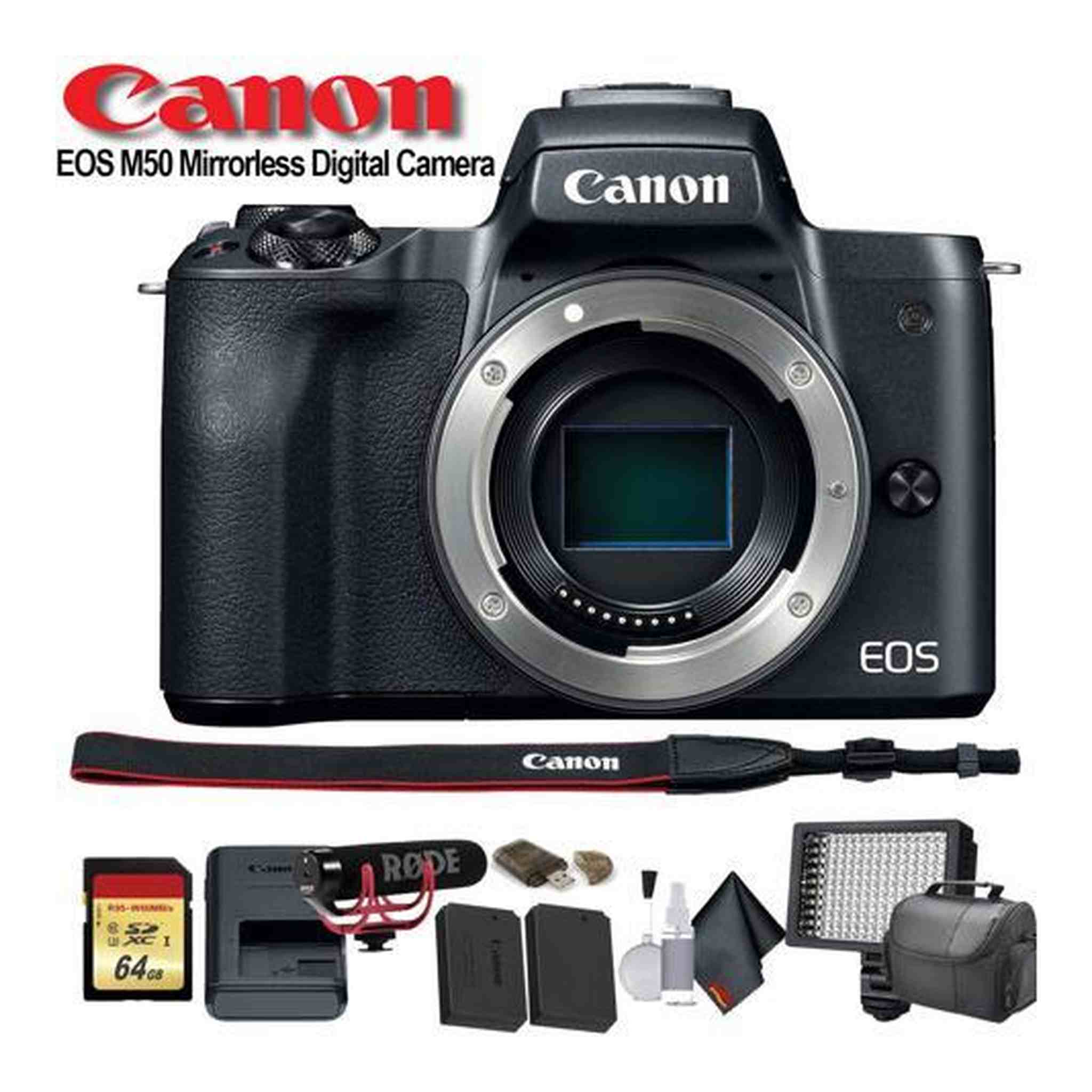 Canon EOS M50 Mirrorless Digital Camera International Model 2680C001 W/Bag, Extra Battery, LED Light, Mic, Filters a