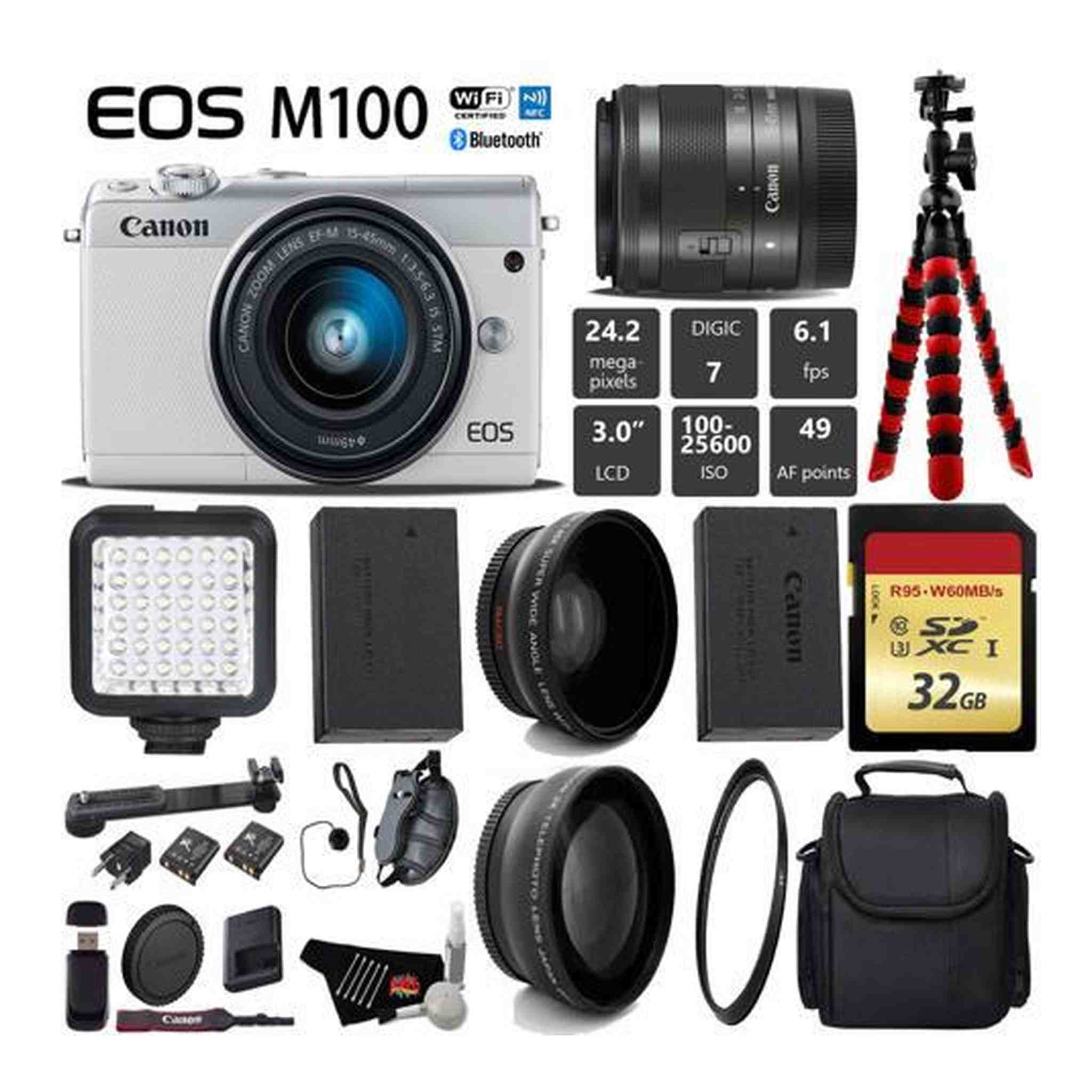 Canon EOS M100 Mirrorless Digital Camera White with 15-45mm Lens Travel Vlogger Bundle