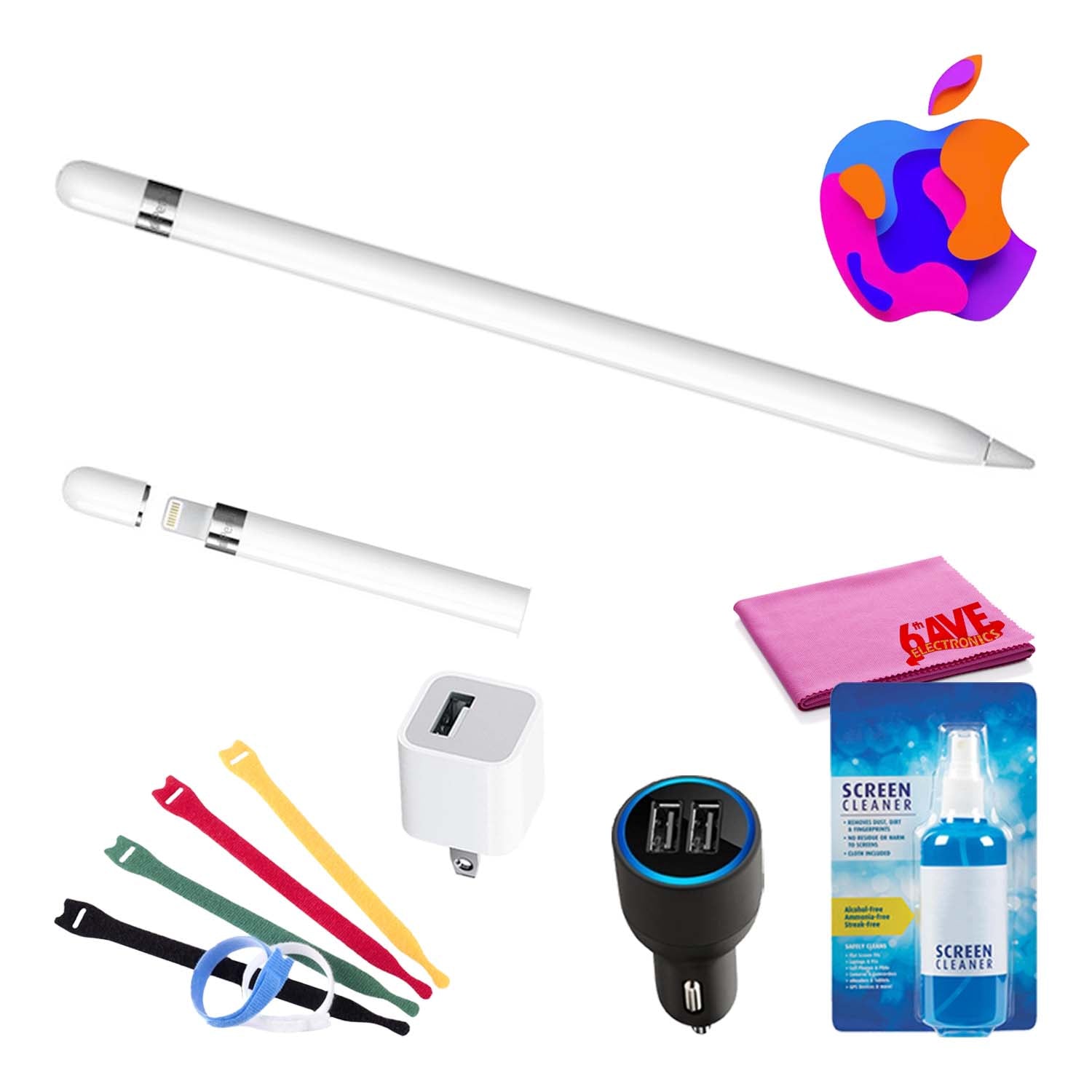 Apple Pencil (1st Gen) Bundle with Velcro Cable Ties + Screen Cleaning Kit